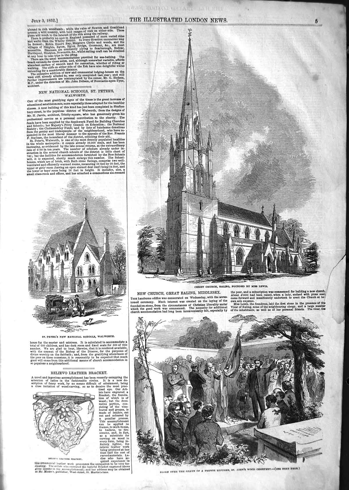 Original Old Antique Print 1852 Christ Church Ealing Peter'S School Walworth