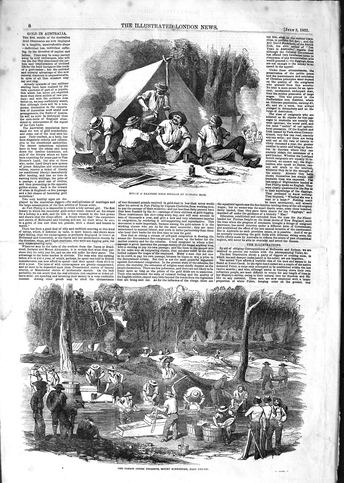 Original Old Antique Print 1852 Mount Alexander GMining Forest Creek Victorian