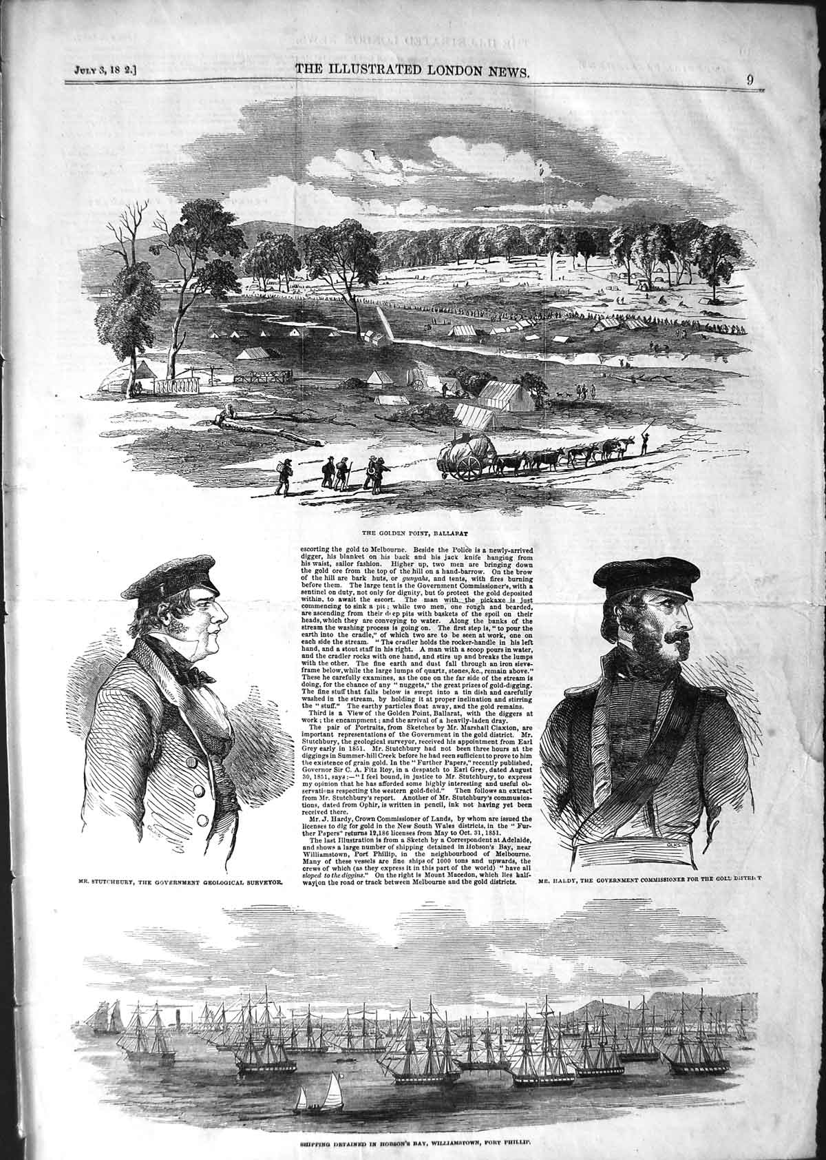 Original Old Antique Print 1852 Gen Point Ballarat Ships Hobson'S Bay Victorian