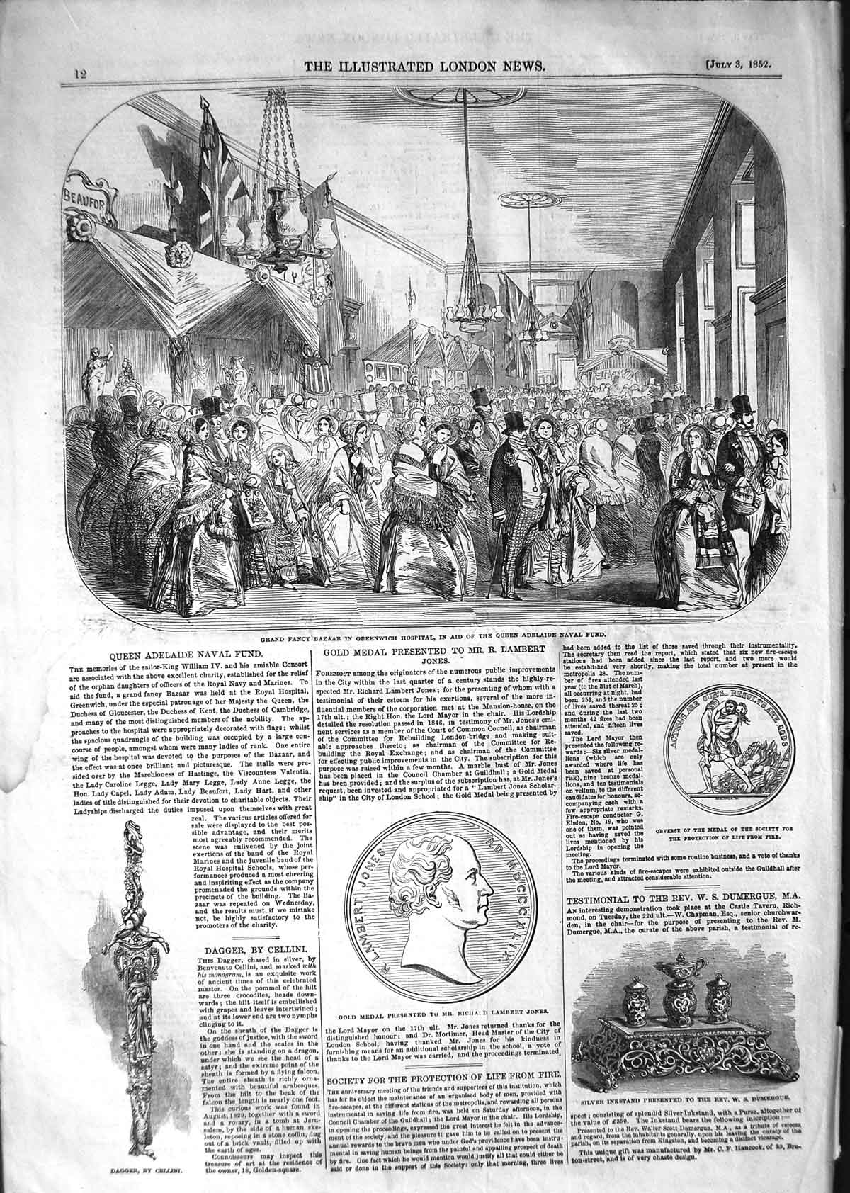 Old Antique Print 1852 Fancy Bazaar Greenwich Queen Adelaide Medal Jones 19th