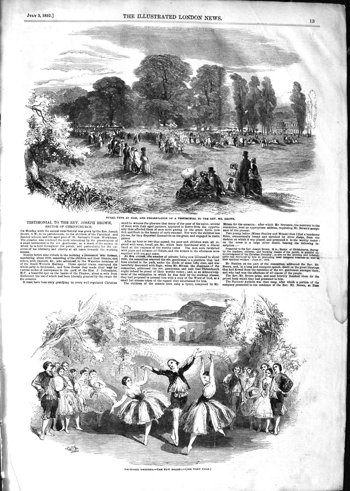 Original Old Antique Print 1852 Vauxhall Gardens Ballet Rural Fete Ham Rev 19th