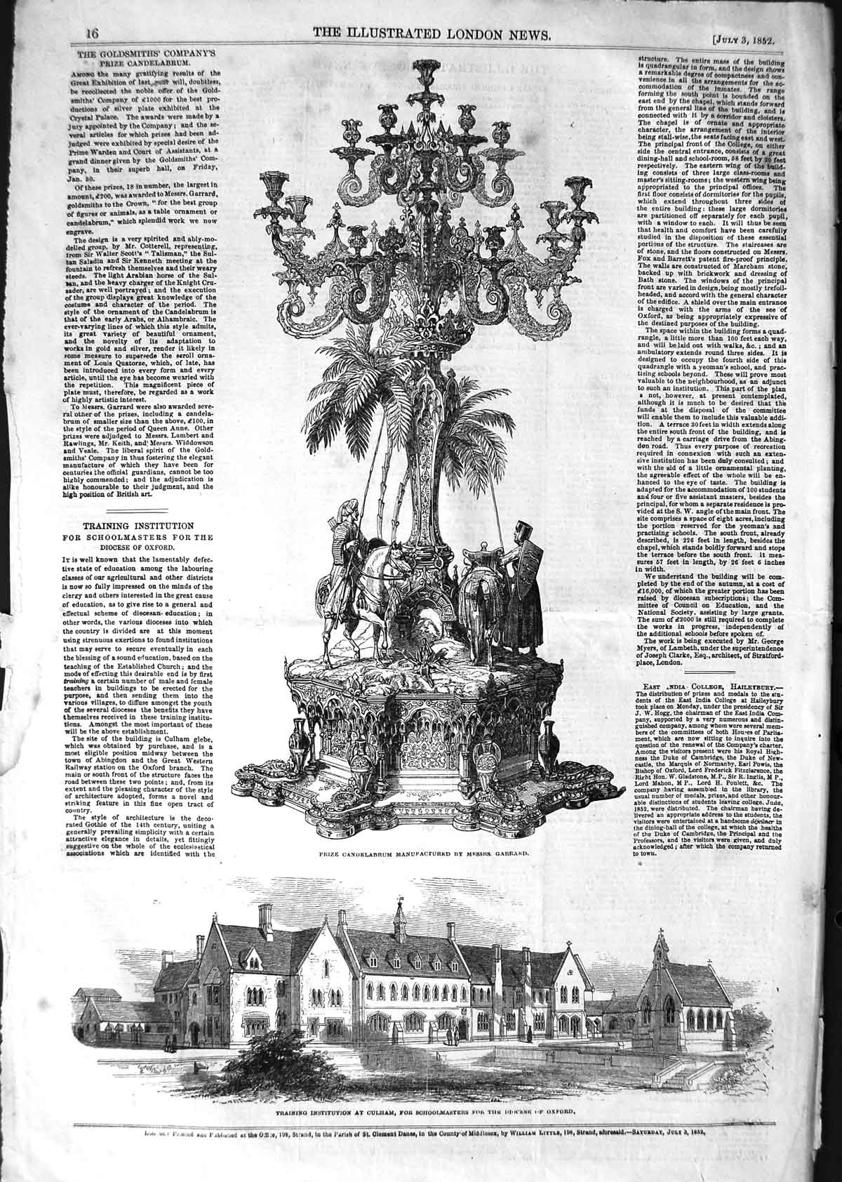 Original Old Antique Print 1852 Training Institution Culham Candelabrum 19th