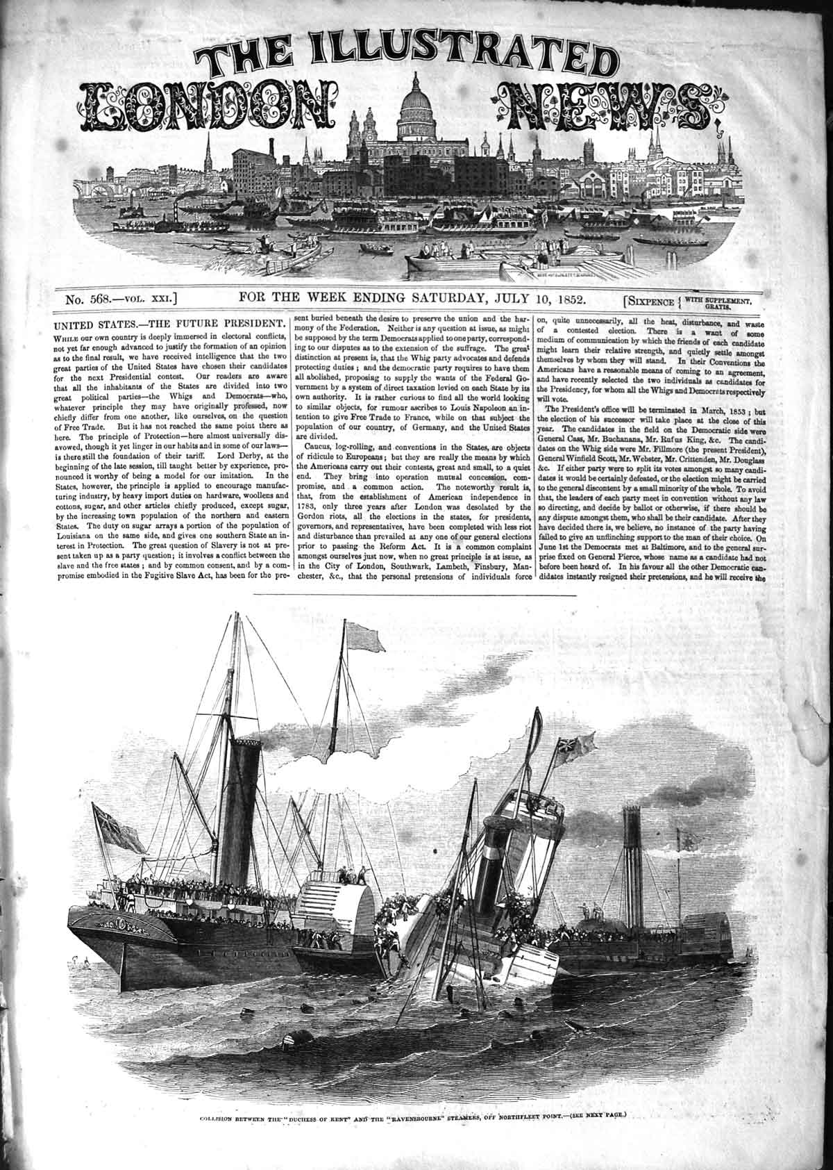 Old Antique Print 1852 Ships Collision Duchess Kent Ravensbourne Steamers 19th