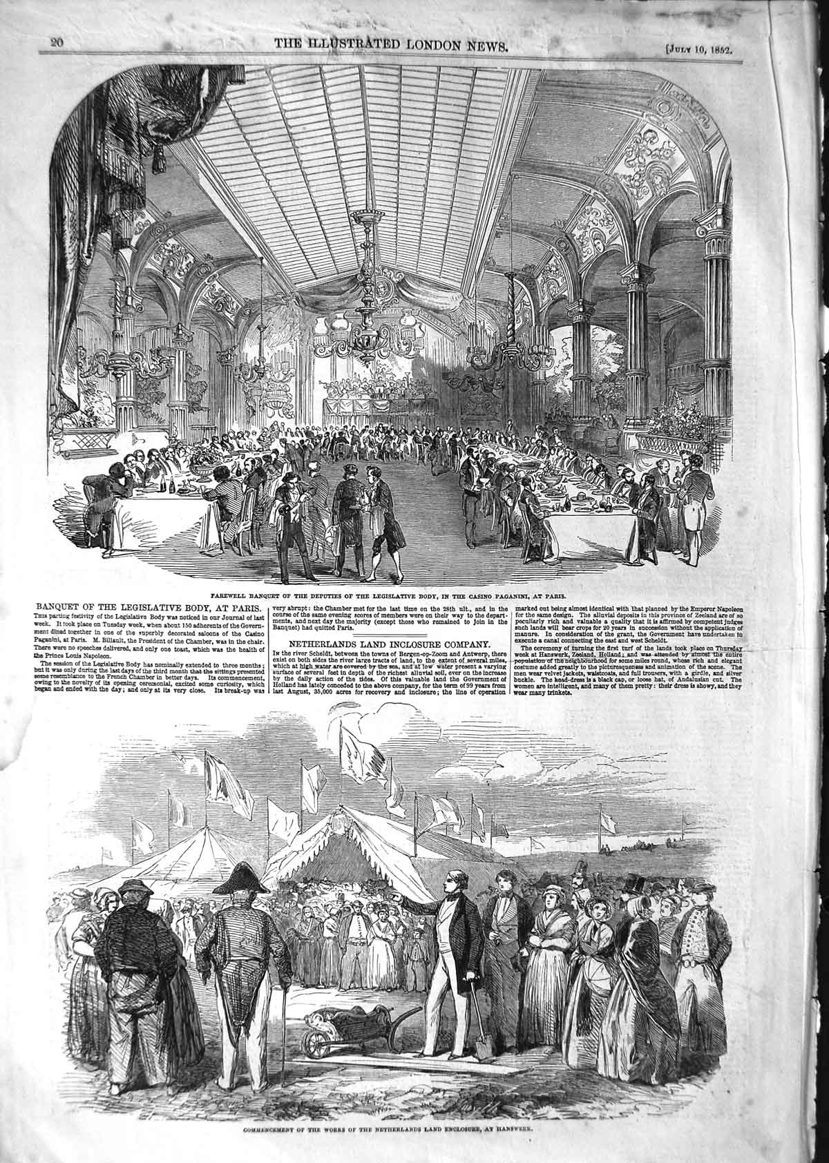 Original Old Antique Print 1852 Netherlands Enclosure Hanswerk Casino Paganini
