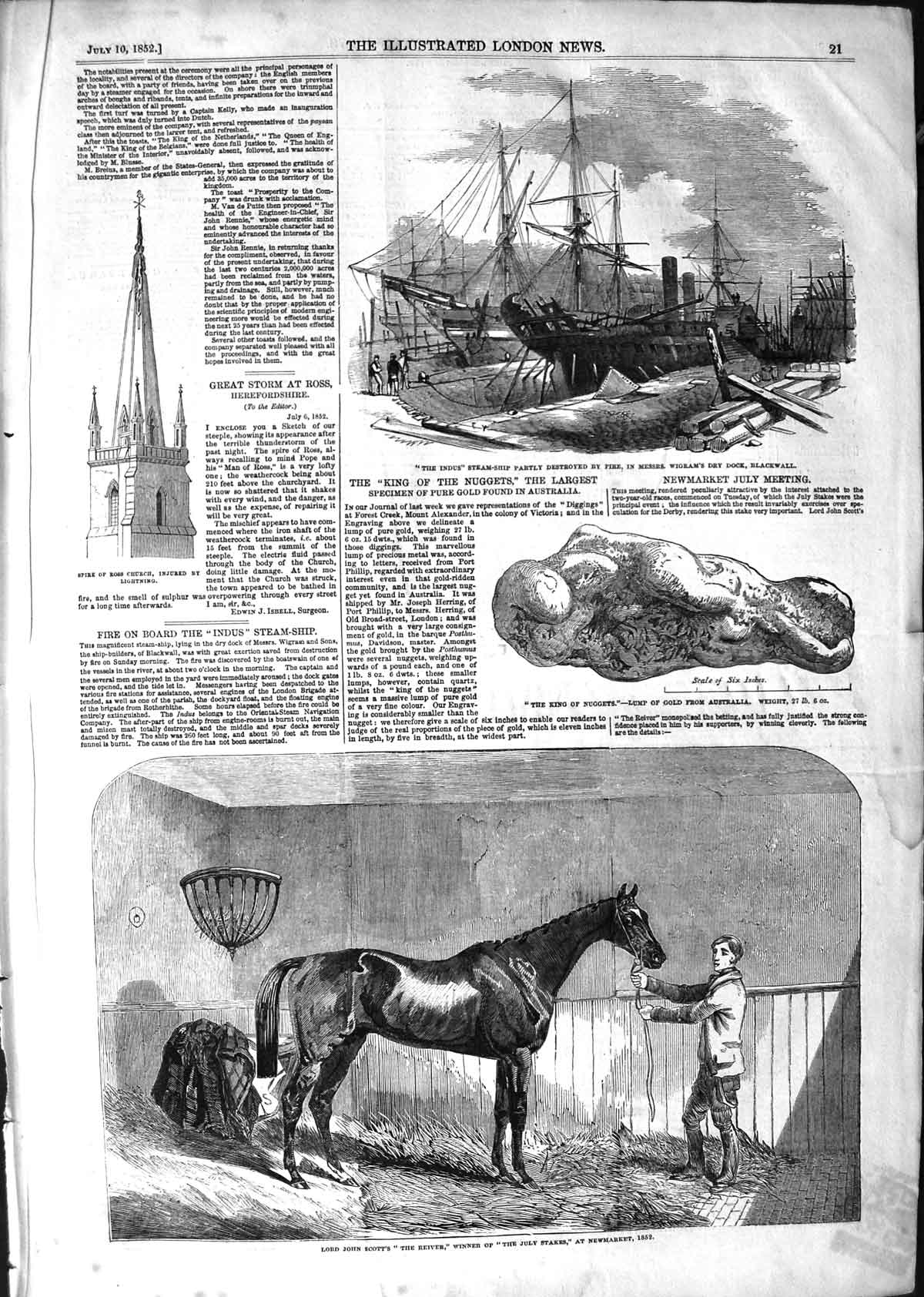 Old Antique Print 1852 Lord John Scott Reiver Horse Indus Ship Blackwall 19th