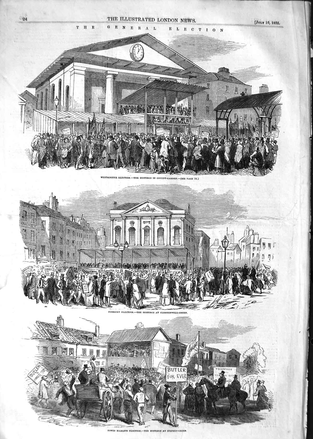Old Antique Print 1852 General Election Westminster Tower Hamlet Finsbury 19th