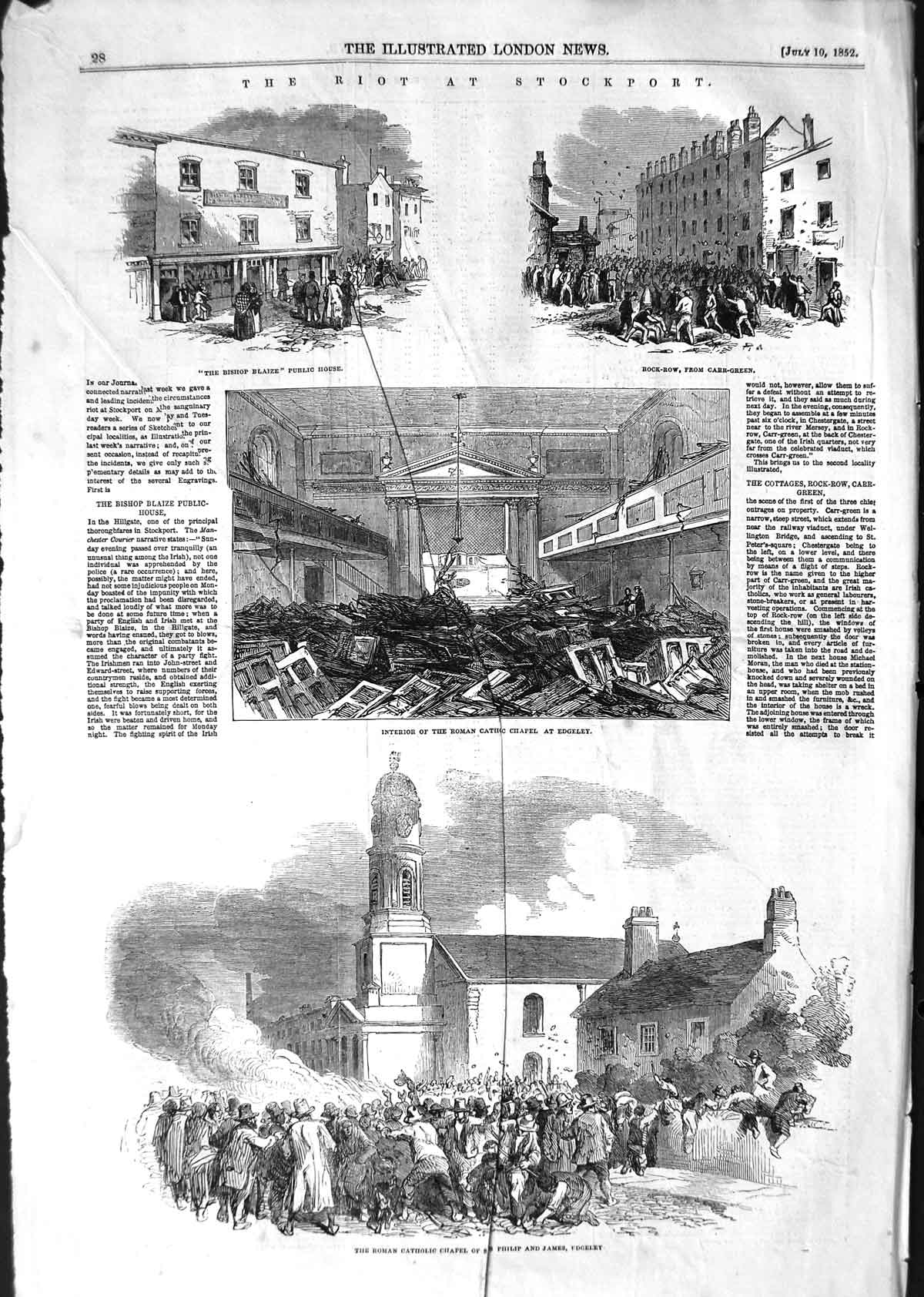 Original Old Antique Print 1852 Riot Stockport Catholic Chapel Edgeley School