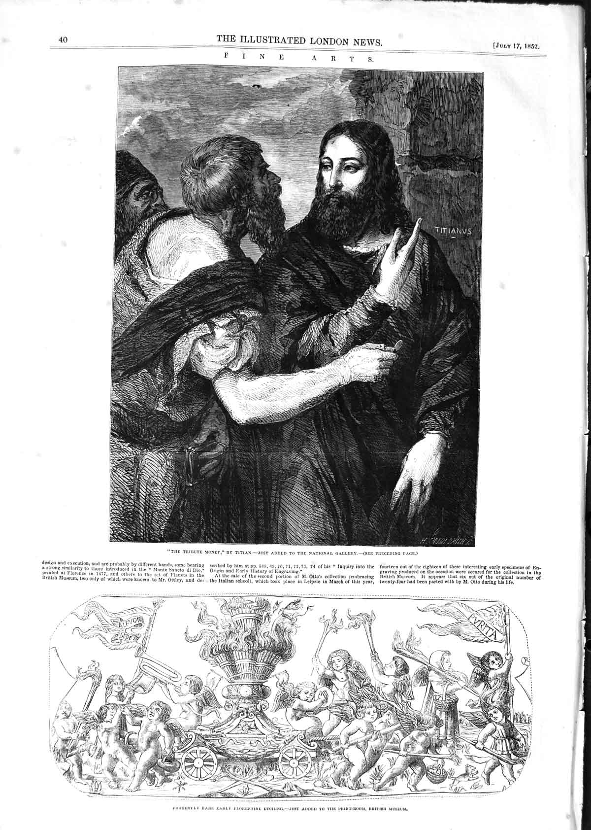 Old Antique Print 1852 Florentine Etching British Museum Titian Art Men 19th