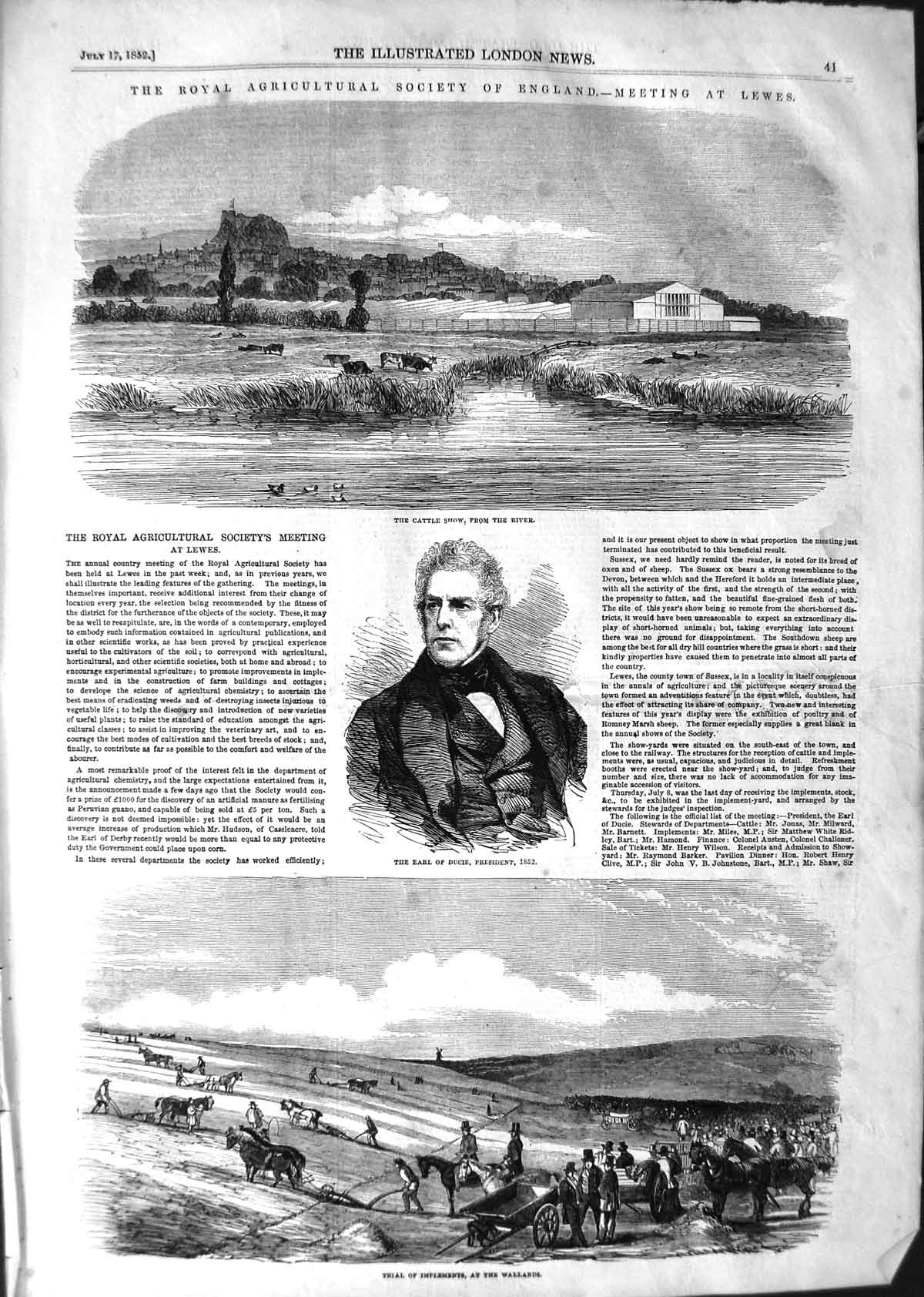 Original Old Antique Print 1852 Cattle Show Earl Ducie Agricultural Societ 19th