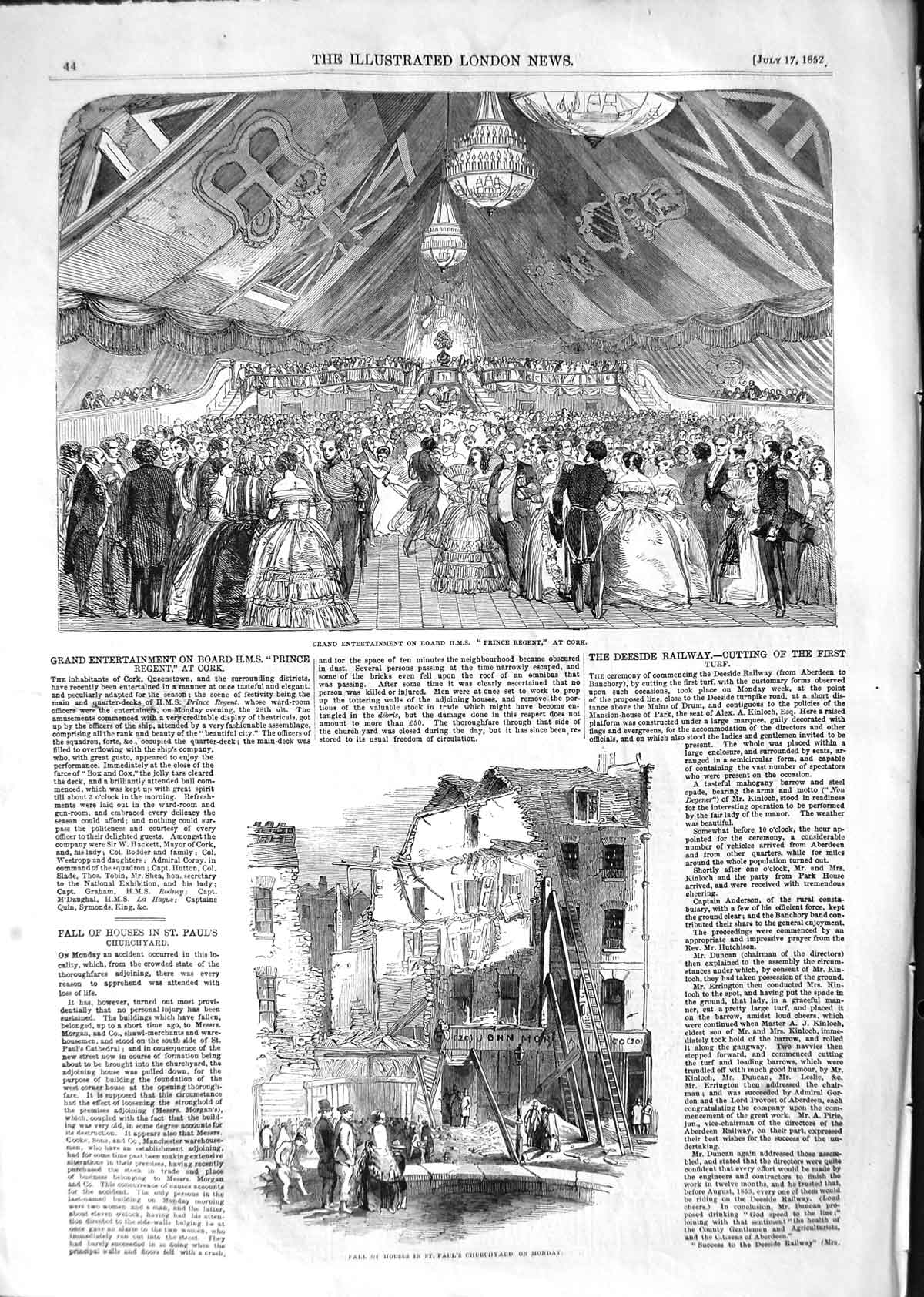 Original Old Antique Print 1852 Houses St. Paul'S Churchyard Ship Prince Regent