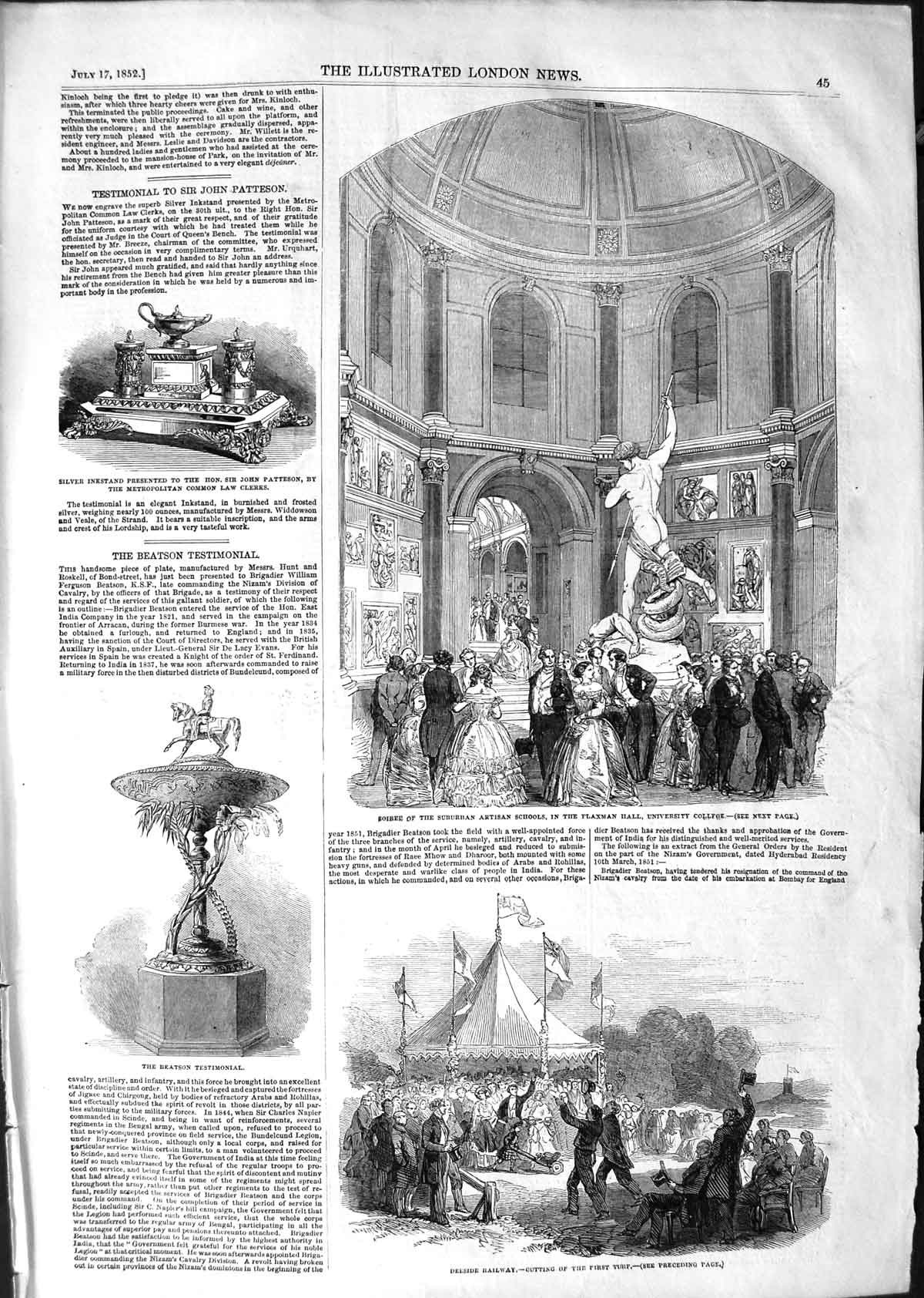 Original Old Antique Print 1852 Deeside Railway Beaston Artisan College Flaxman