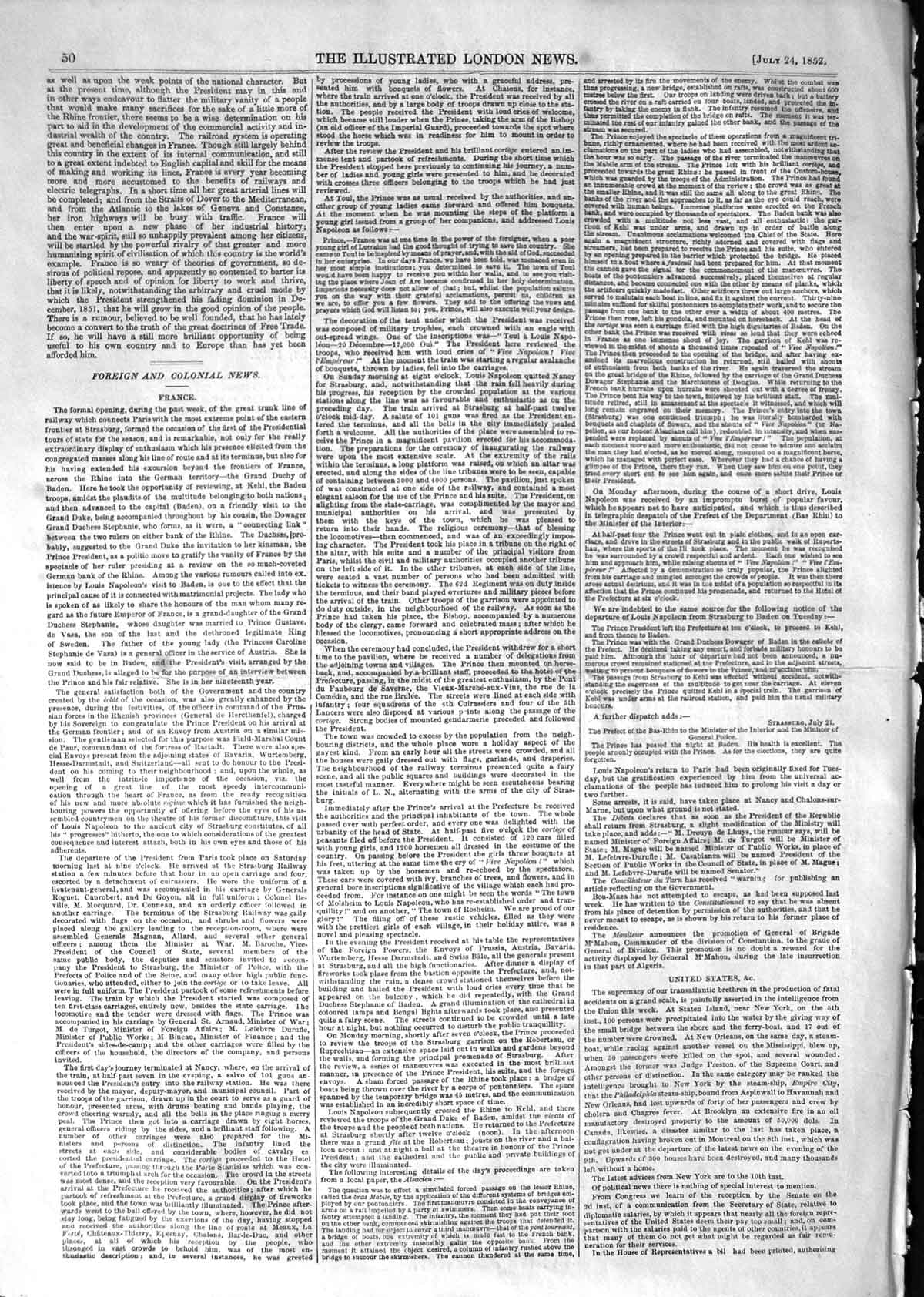 Old Antique Print 1852 French President Strasburg Railway Terminus Paris 19th