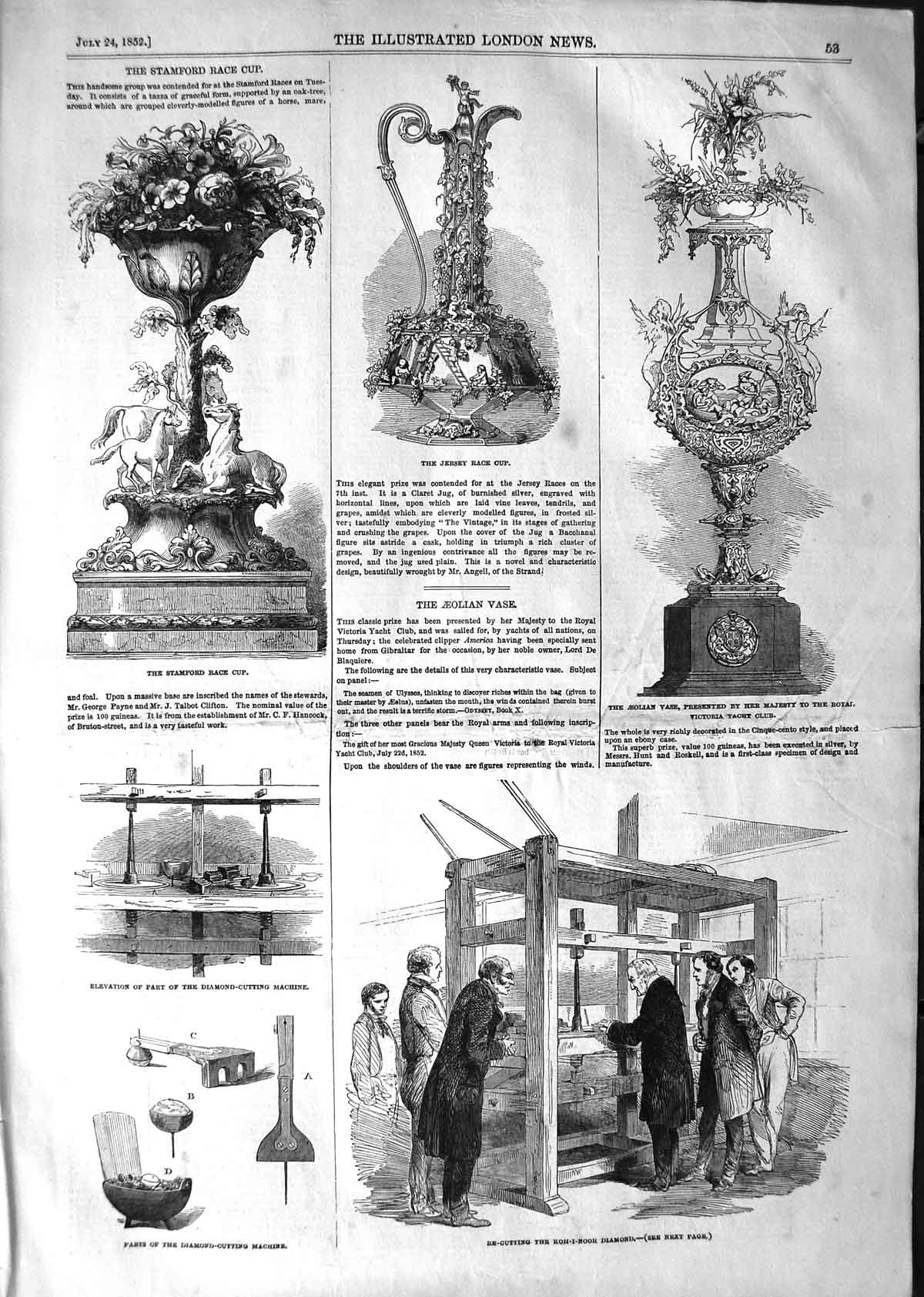 Original Old Antique Print 1852 Stamford Cup Jersey Aeolian Koh-I-Noor Diamond