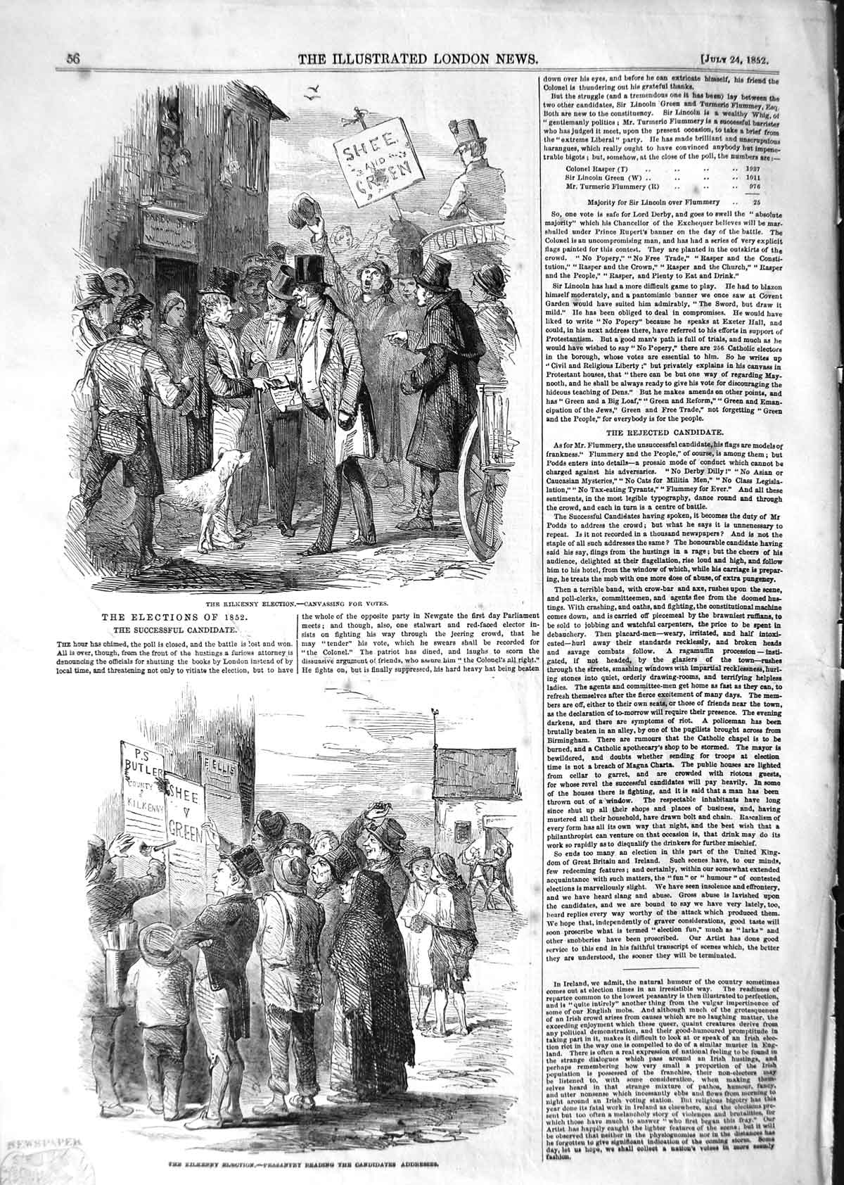 Original Old Antique Print 1852 Kilkenny Election Peasantry Candidates Voting