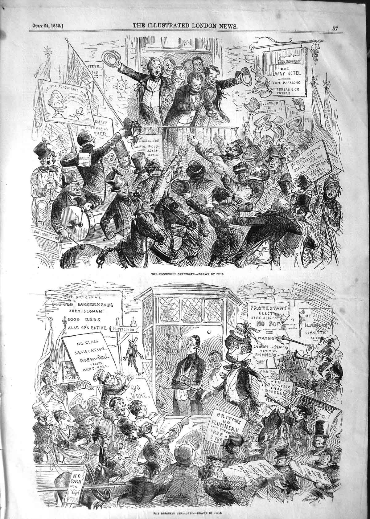 Original Old Antique Print 1852 Elections Railway Hotel Successful Candidate