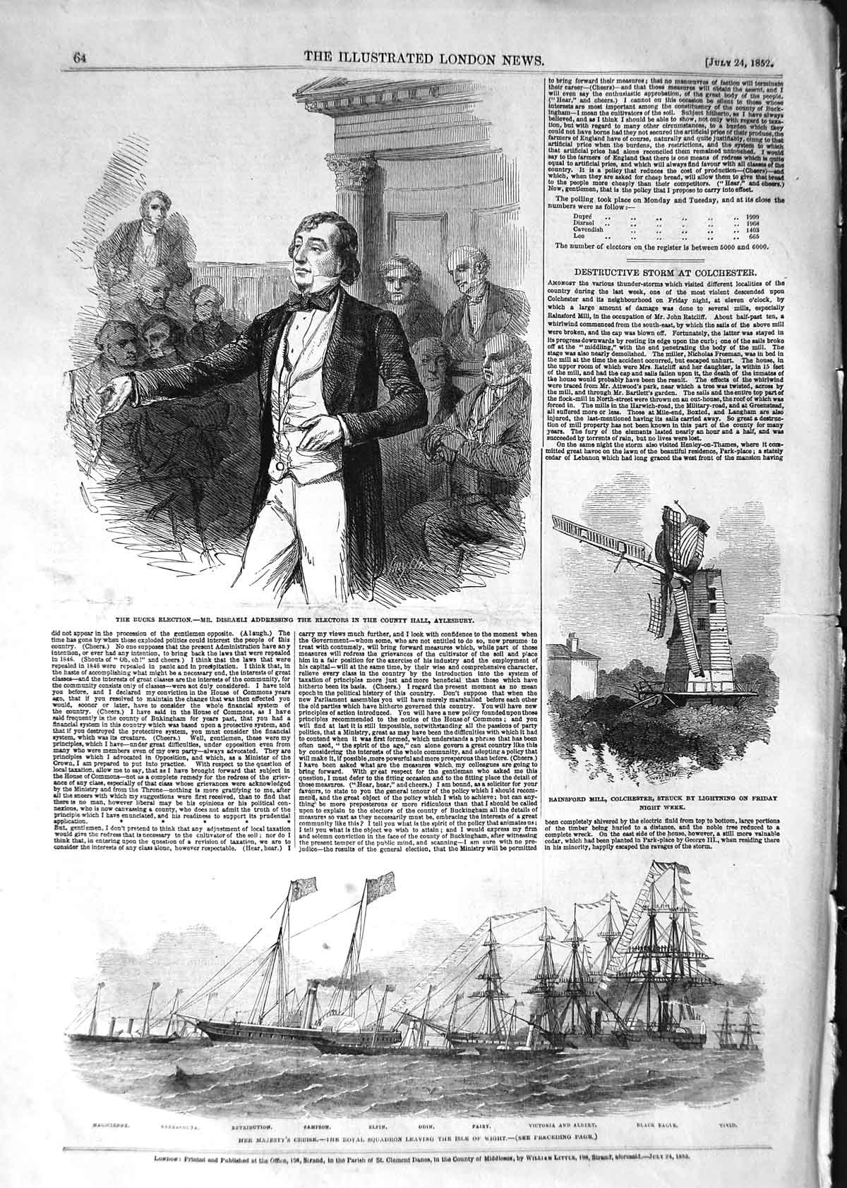 Original Old Antique Print 1852 Disraeli Aylesbury Rainsford Mill Ships Viv 19th
