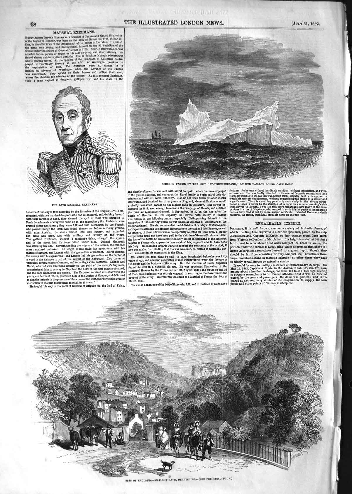 Old Antique Print 1852 Iceberg Ship Northumberland Exelmans Spa Matlock 19th