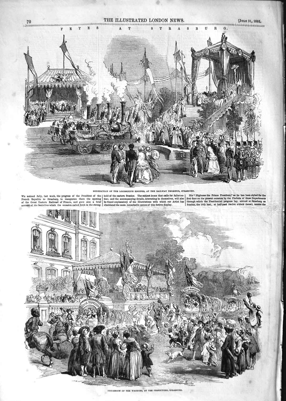 Original Old Antique Print 1852 Fetes Strasburg Railway Terminus Rhine River