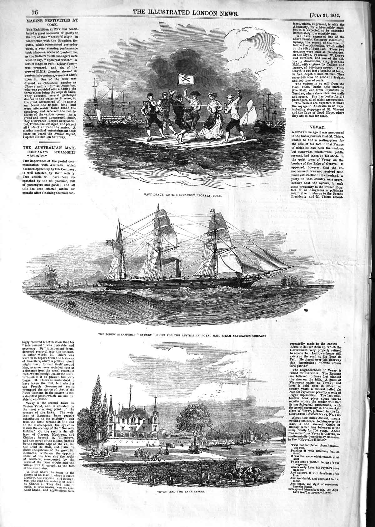 Original Old Antique Print 1852 Raft Dance Regatta Cork Sydney Ship Vevay Leman