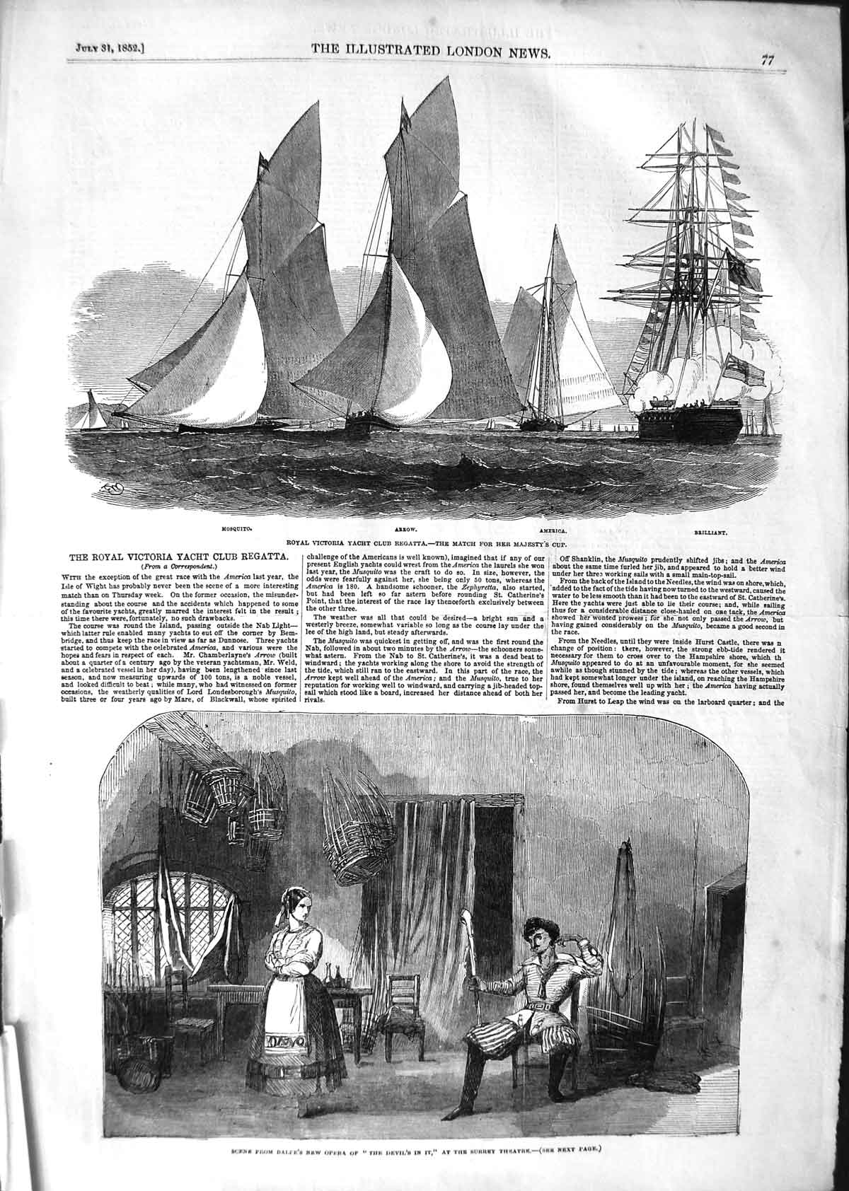 Original Old Antique Print 1852 Balfe Opera Surrey Theatre Yacht Regatt 19th