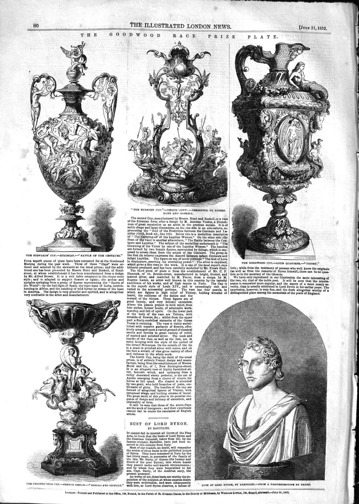 Original Old Antique Print 1852 Goodwood Race Prize Plate Cup Bust Lord Byron