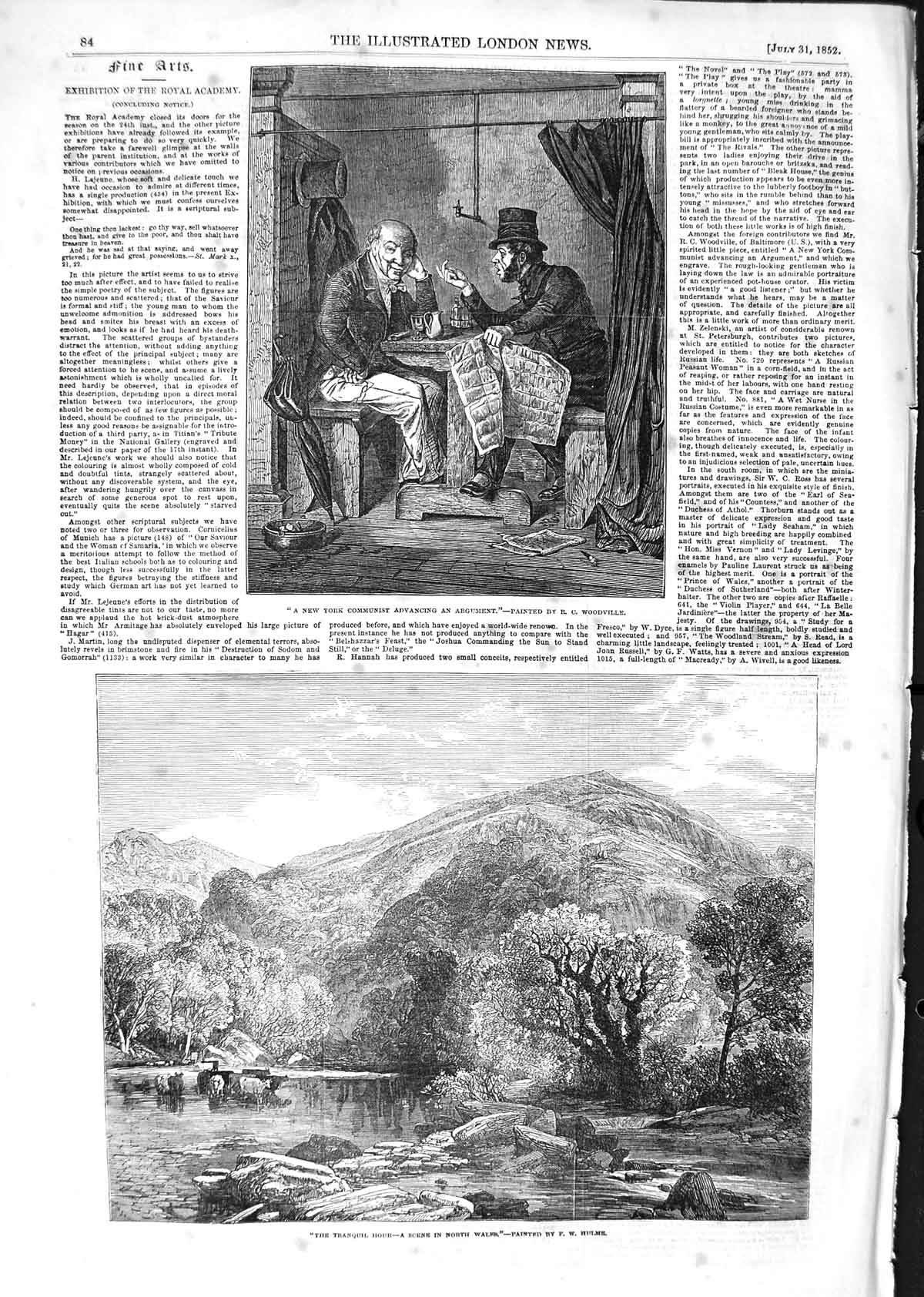 Original Old Antique Print 1852 North Wales Mountains River New York Communist