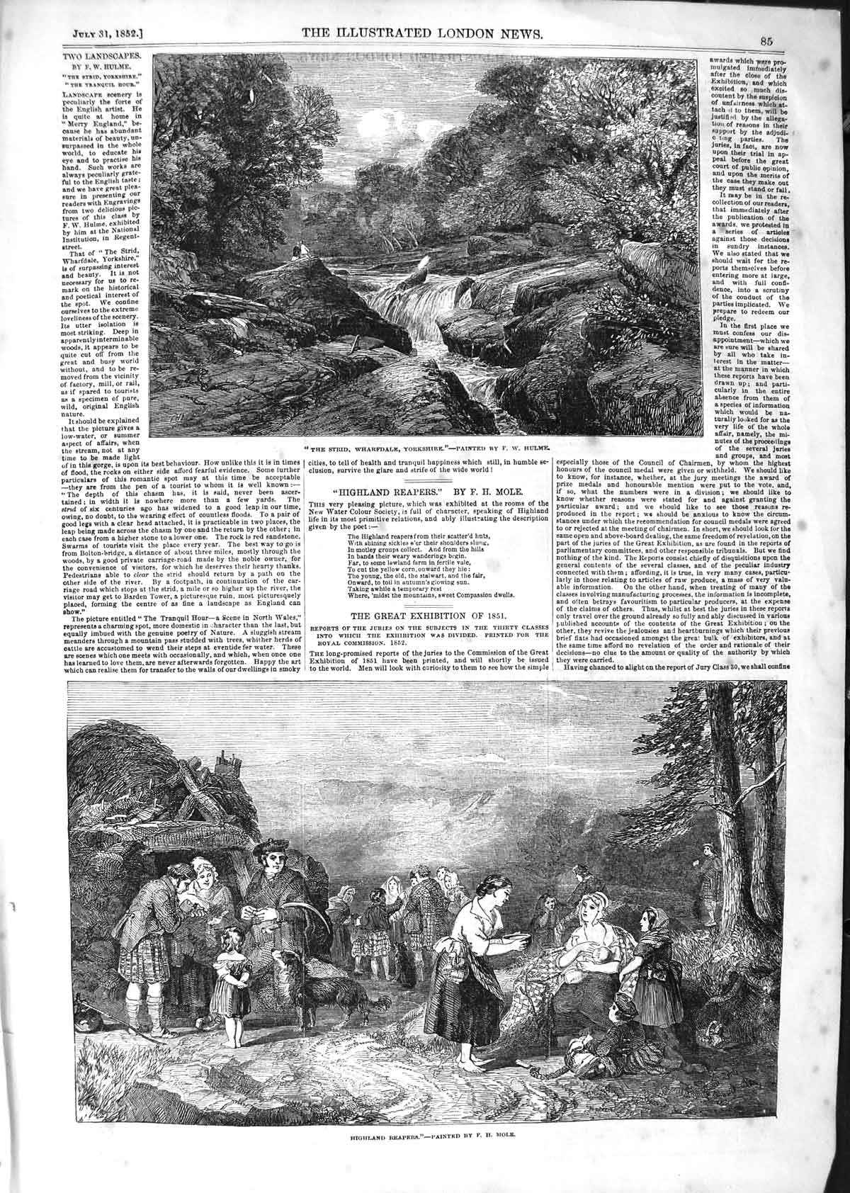 Original Old Antique Print 1852 Strid Wharfdale Yorkshire Highland Reapers Farm