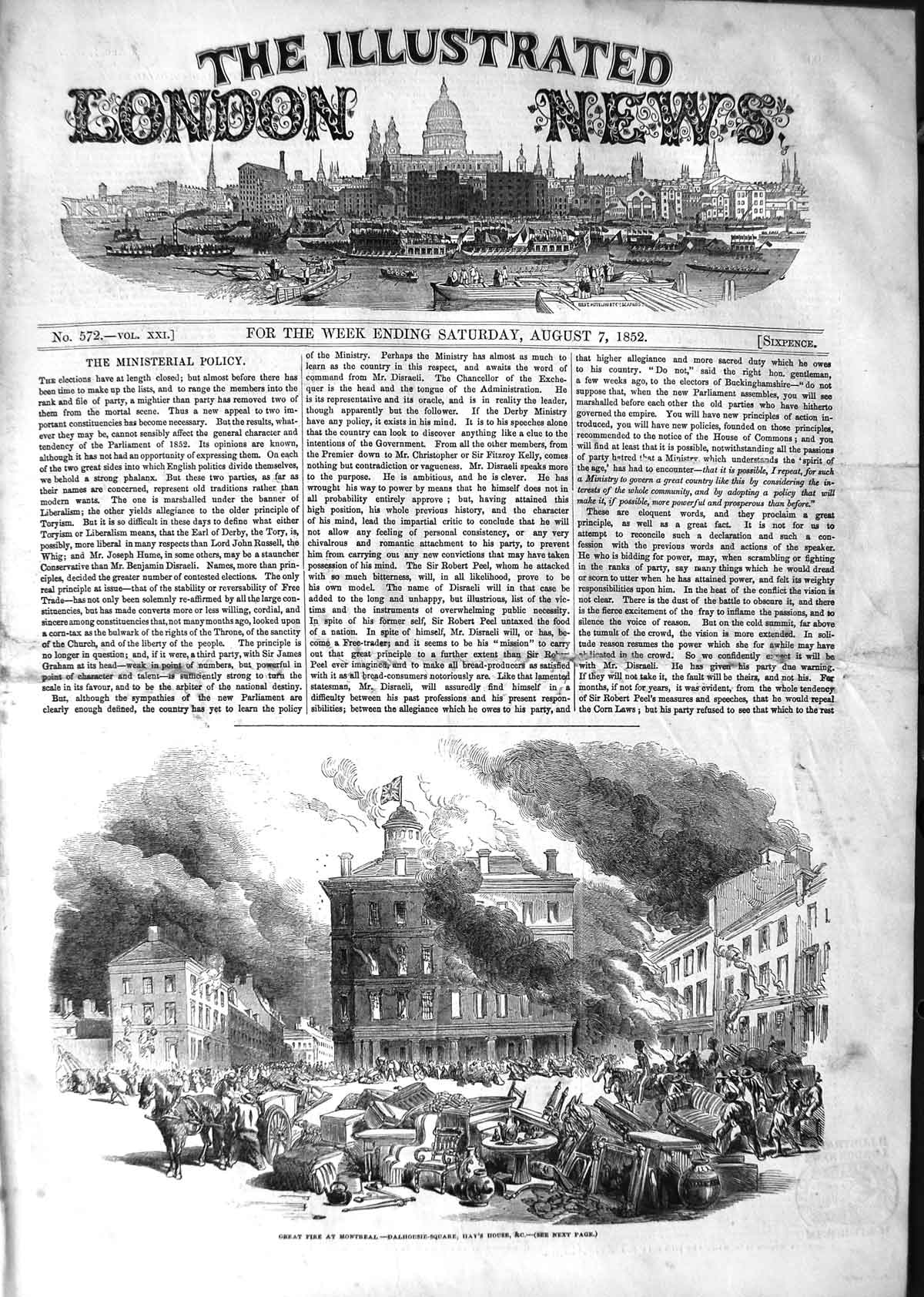 Original Old Antique Print 1852 Fire Montreal Dalhousie-Square Hay'S House 19th