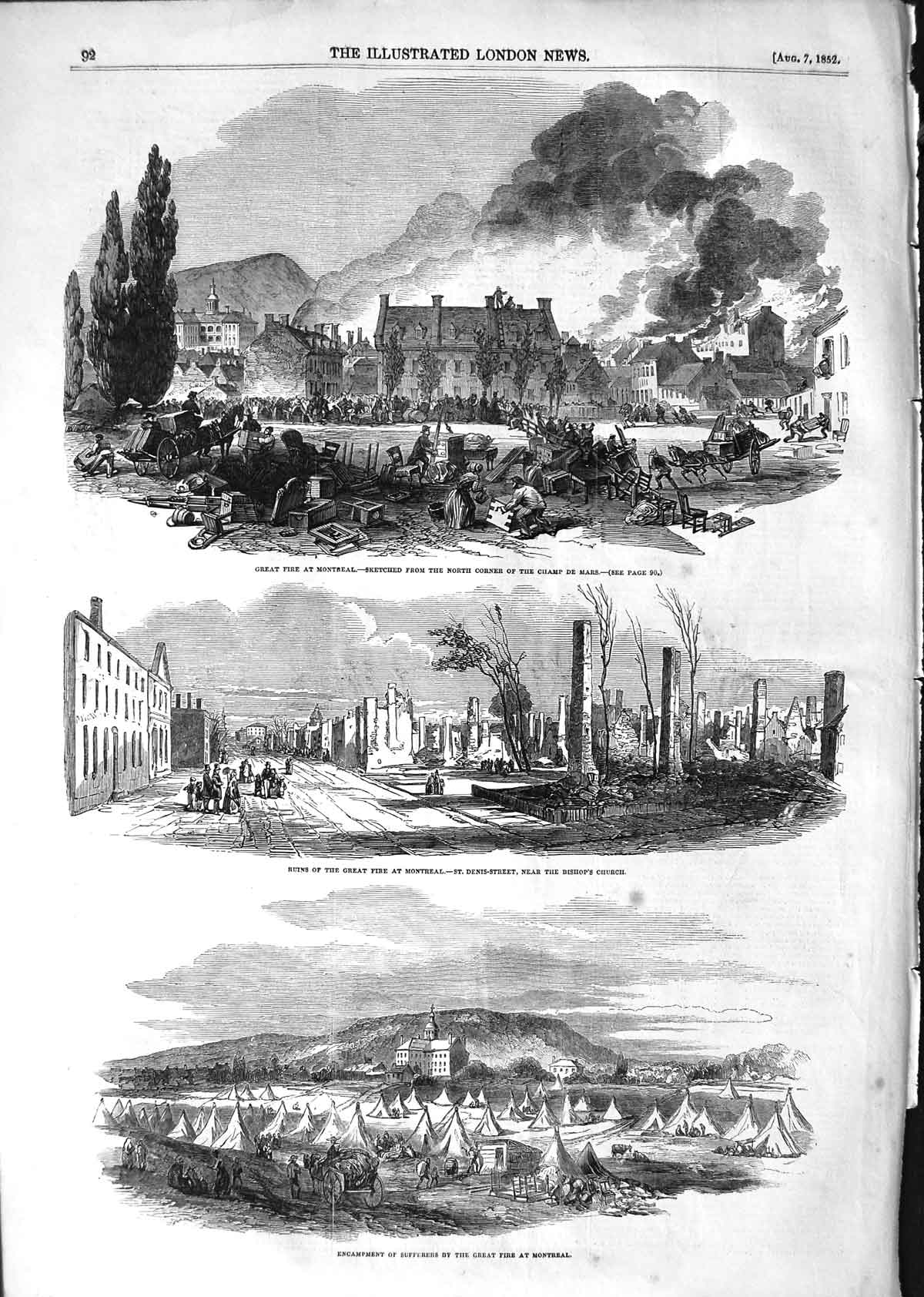 Original Old Antique Print 1852 Fire Montreal Champ De Mars Denis Street 19th