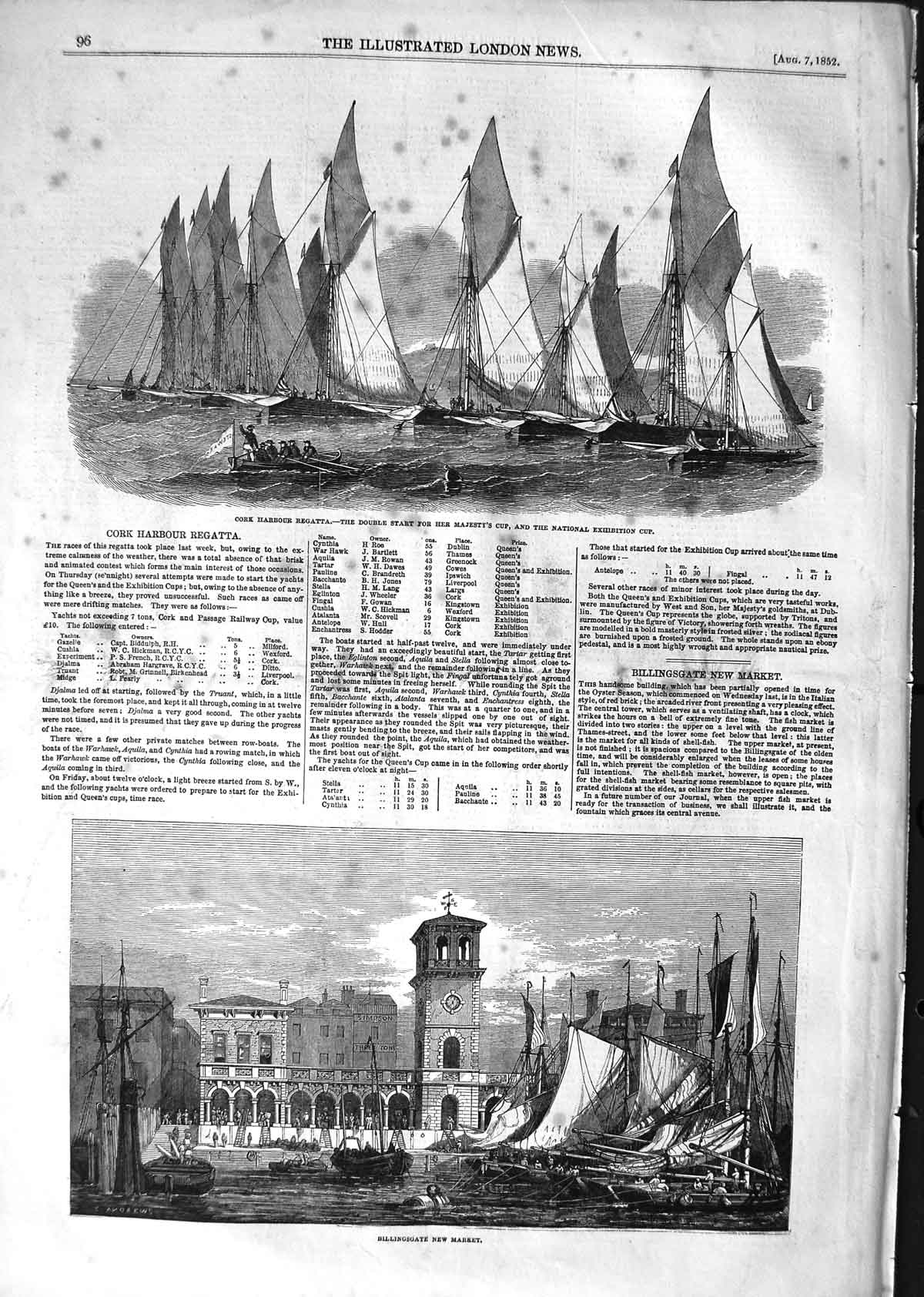 Original Old Antique Print 1852 Cork Harbour Regatta Billingsgate Fish Market