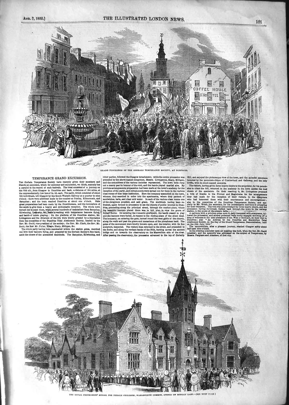 Original Old Antique Print 1852 Freemasons School Wandsworth Gorbals Dumfries