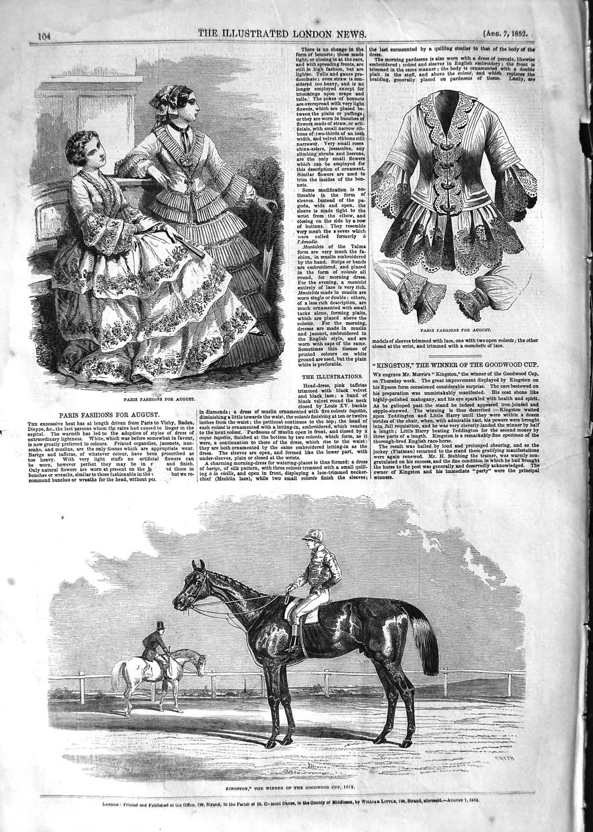 Original Old Antique Print 1852 Paris Fashion Kingston Horse Goodwood Cup Sport