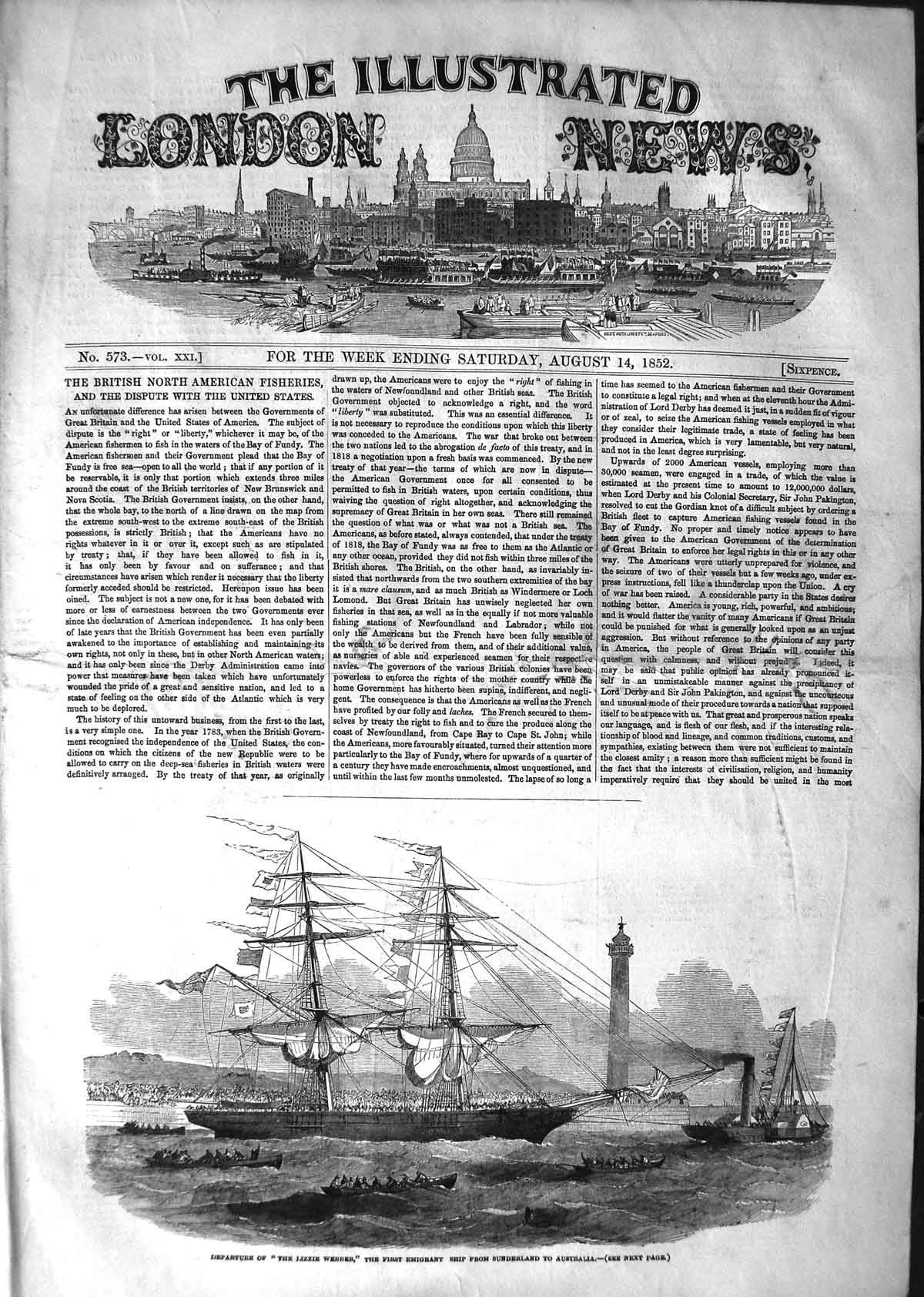 Old Antique Print 1852 Lizzie Webber Emigrant Ship Sunderland Australia 19th