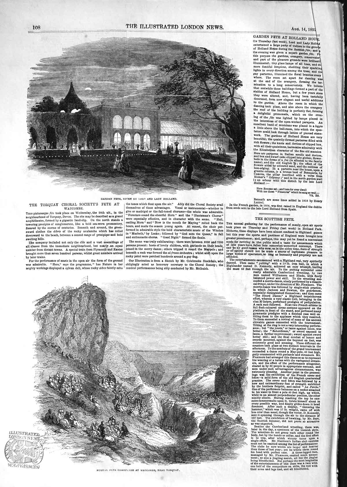 Original Old Antique Print 1852 Garden Fete Lord Holland Musical Fete Watcombe