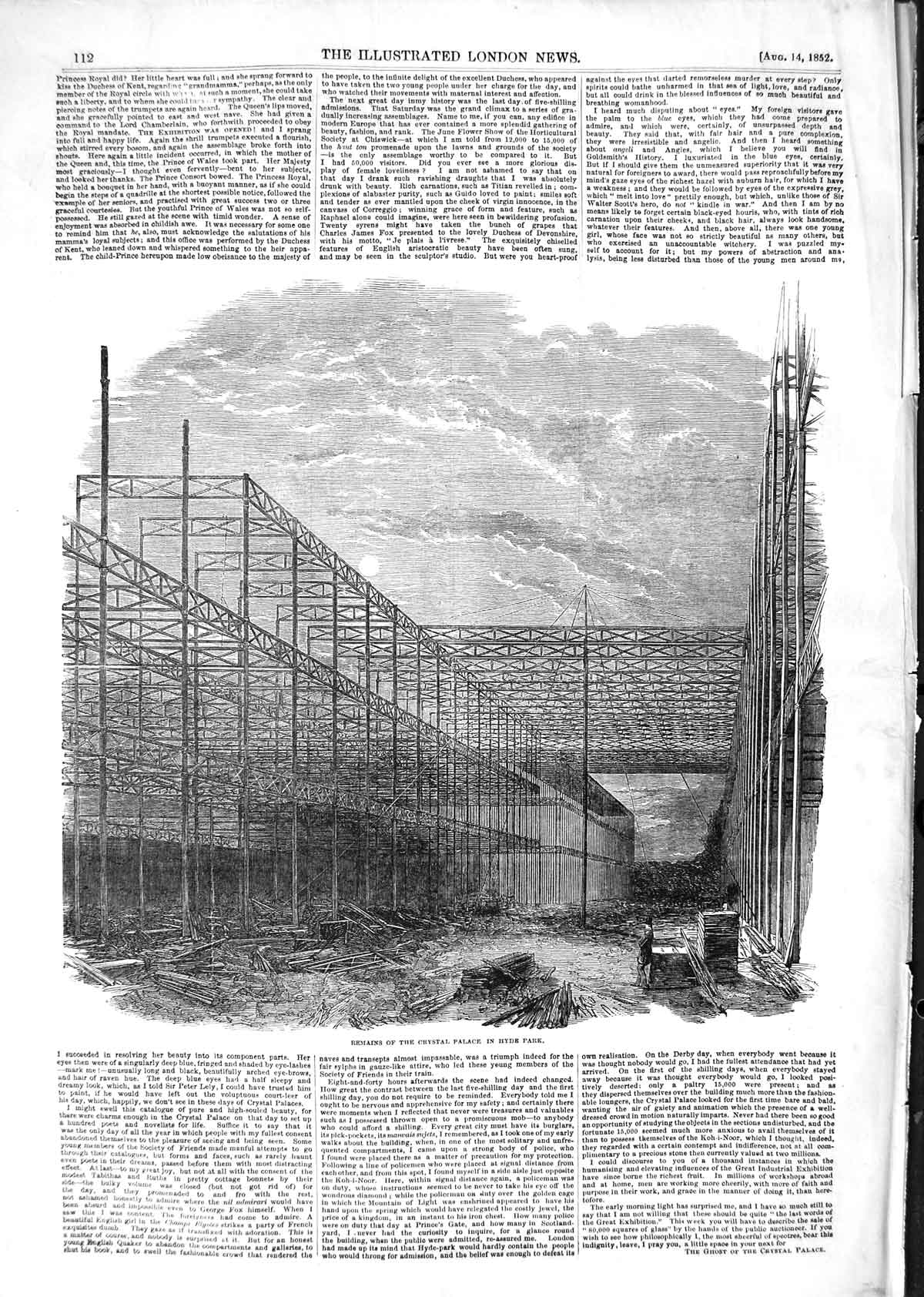 Original Old Antique Print 1852 Remains Crystal Palace Hyde Park Const Victorian