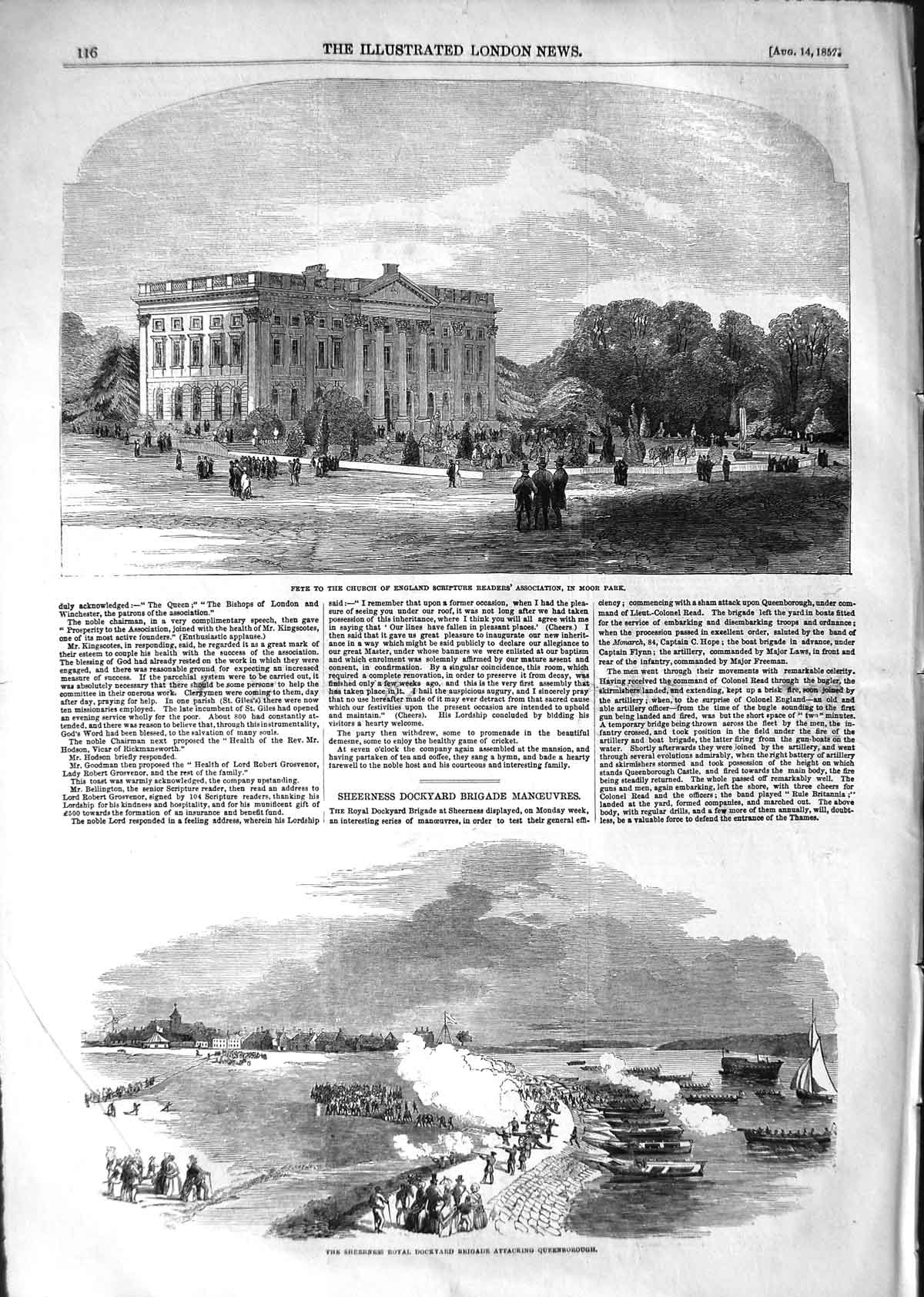 Old Antique Print 1852 Fete Church England Moor Park Sheerness Dockyard 19th