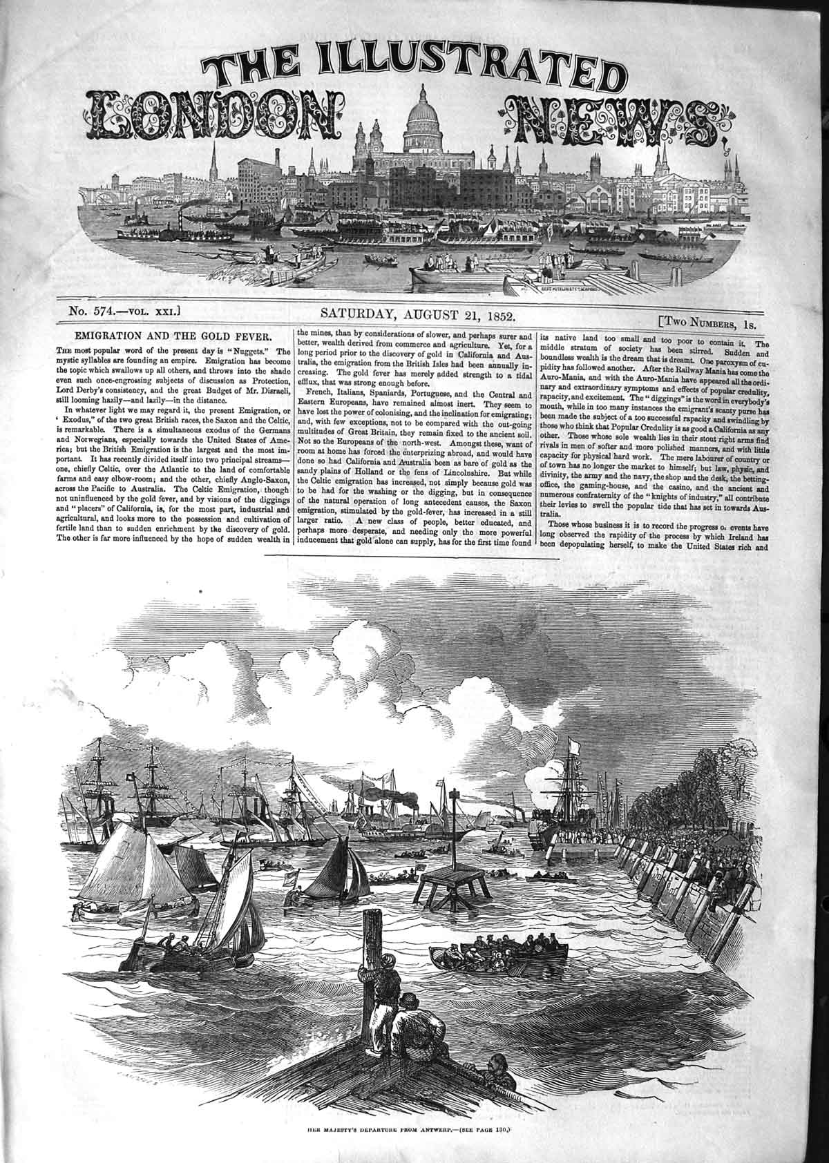 Original Old Antique Print 1852 Queen Royal Yacht Ship Departure Antwerp 19th