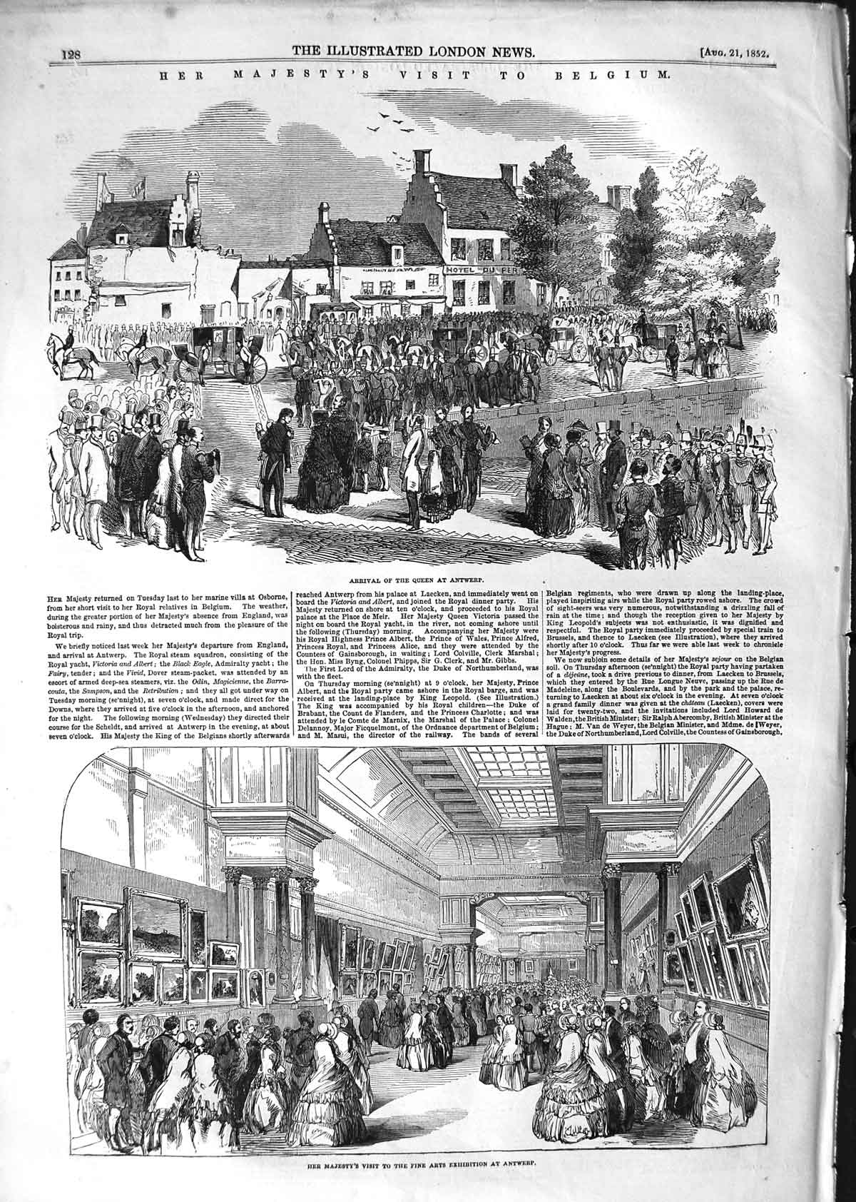 Old Antique Print 1852 Queen England Belgium Antwerp Royal Yacht Laacken 19th