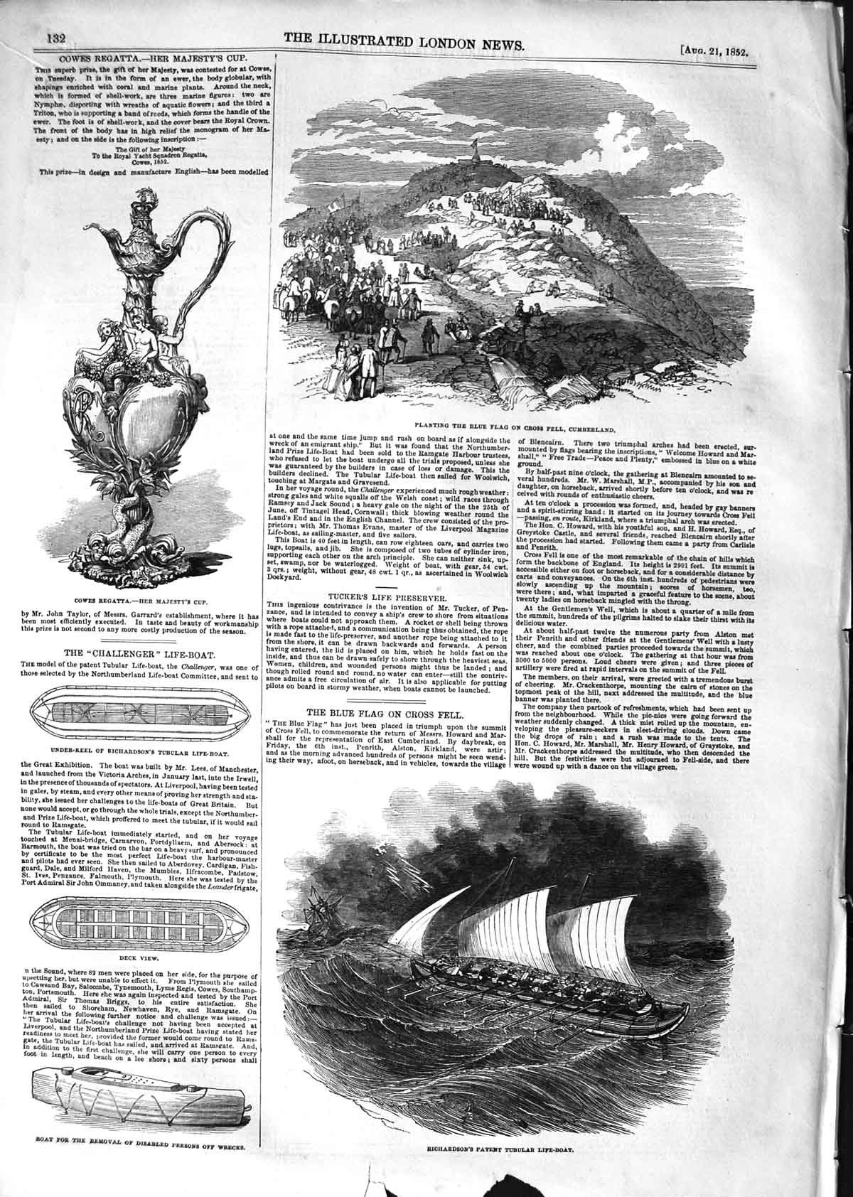 Old Antique Print 1852 Richardson Tubular Life-Boat Blue Flag Cumberland 19th