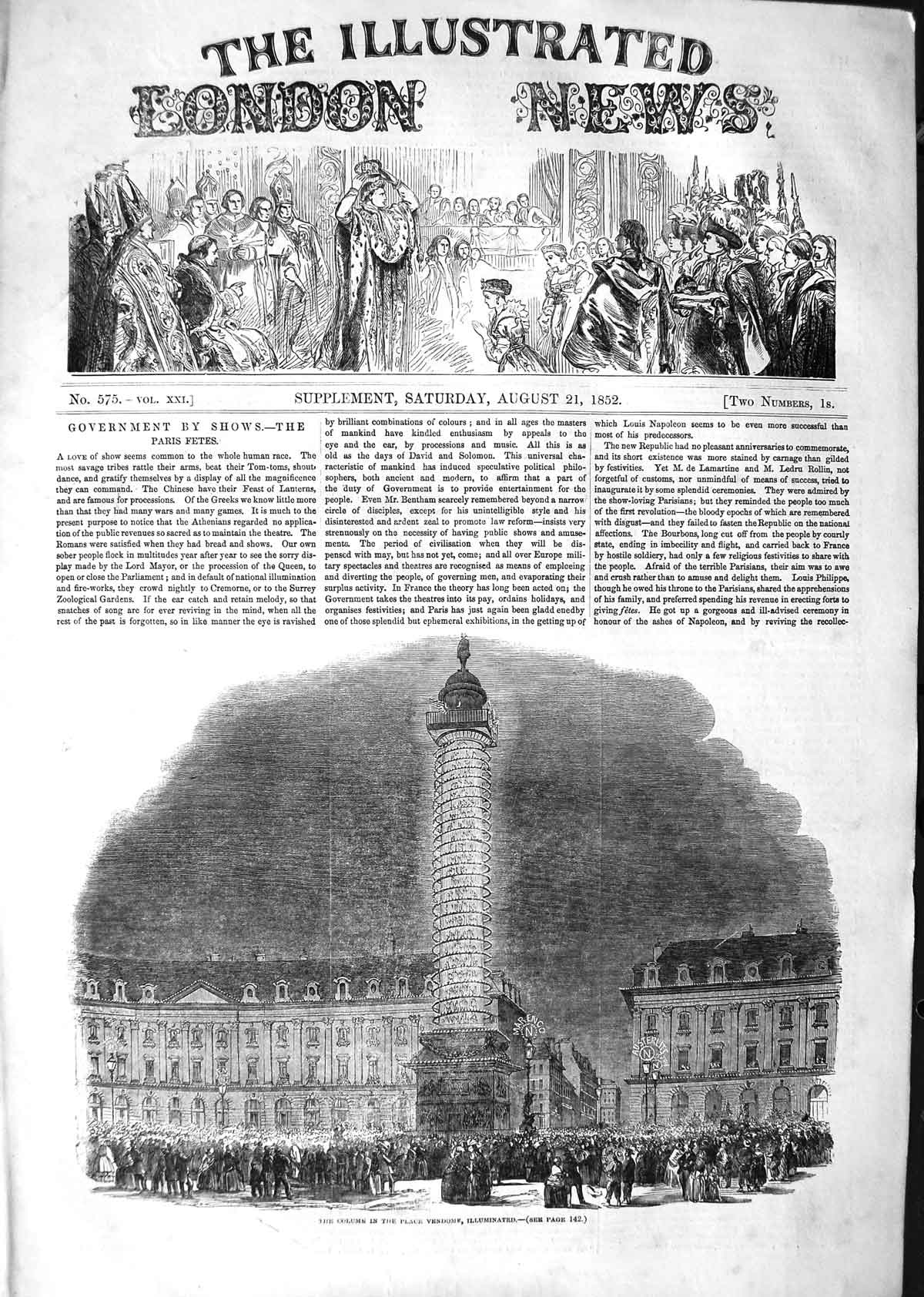 Original Old Antique Print 1852 Column Place Vendome Illuminated Paris France