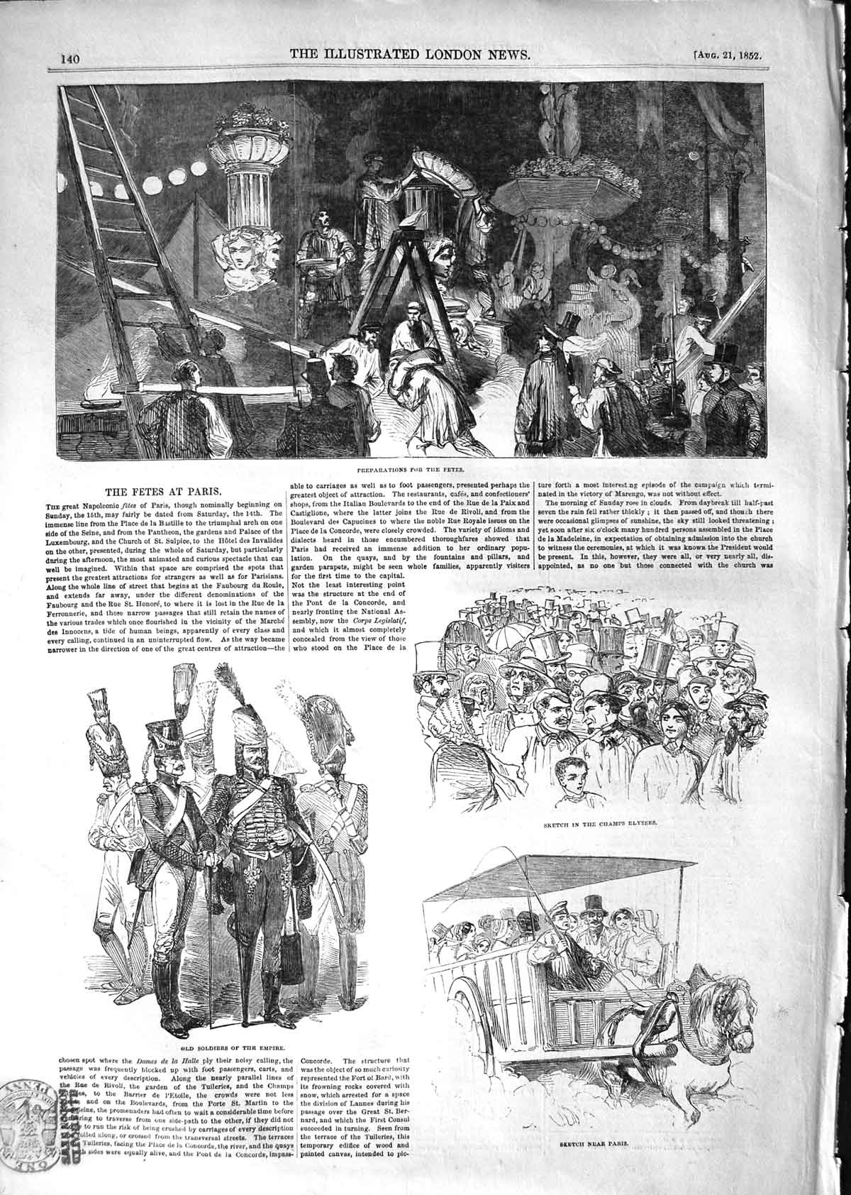 Original Old Antique Print 1852 Fetes Paris Siers Empire Champs Elysees France