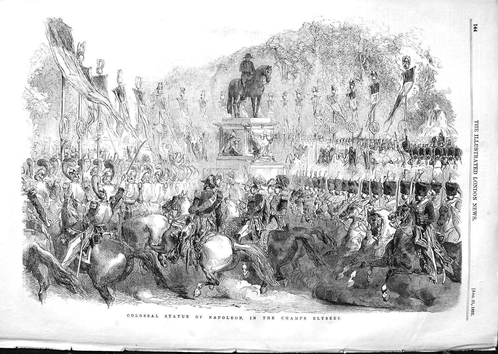 Original Old Antique Print 1852 Colossal Statue Napoleon Champs Elysees France