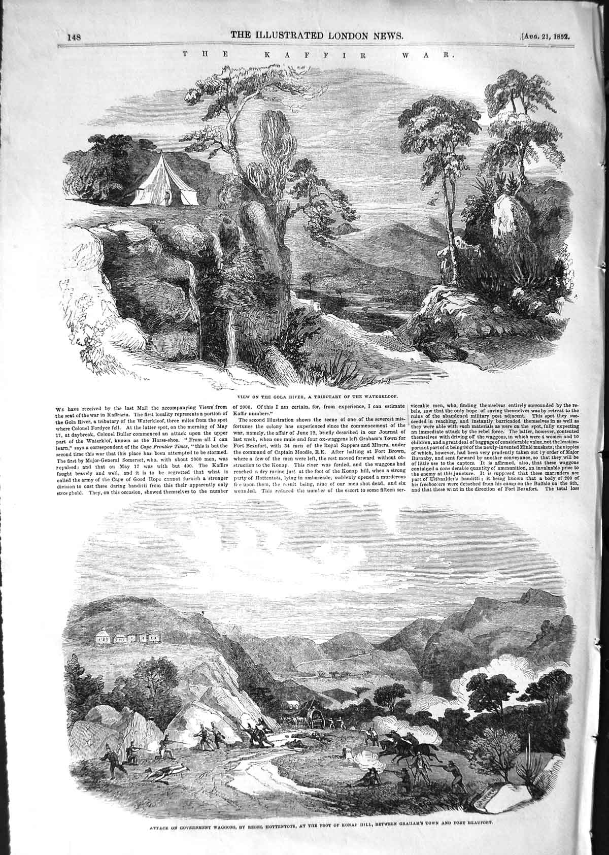 Original Old Antique Print 1852 Kaffir War Gola River Konap Fat Fort B Victorian