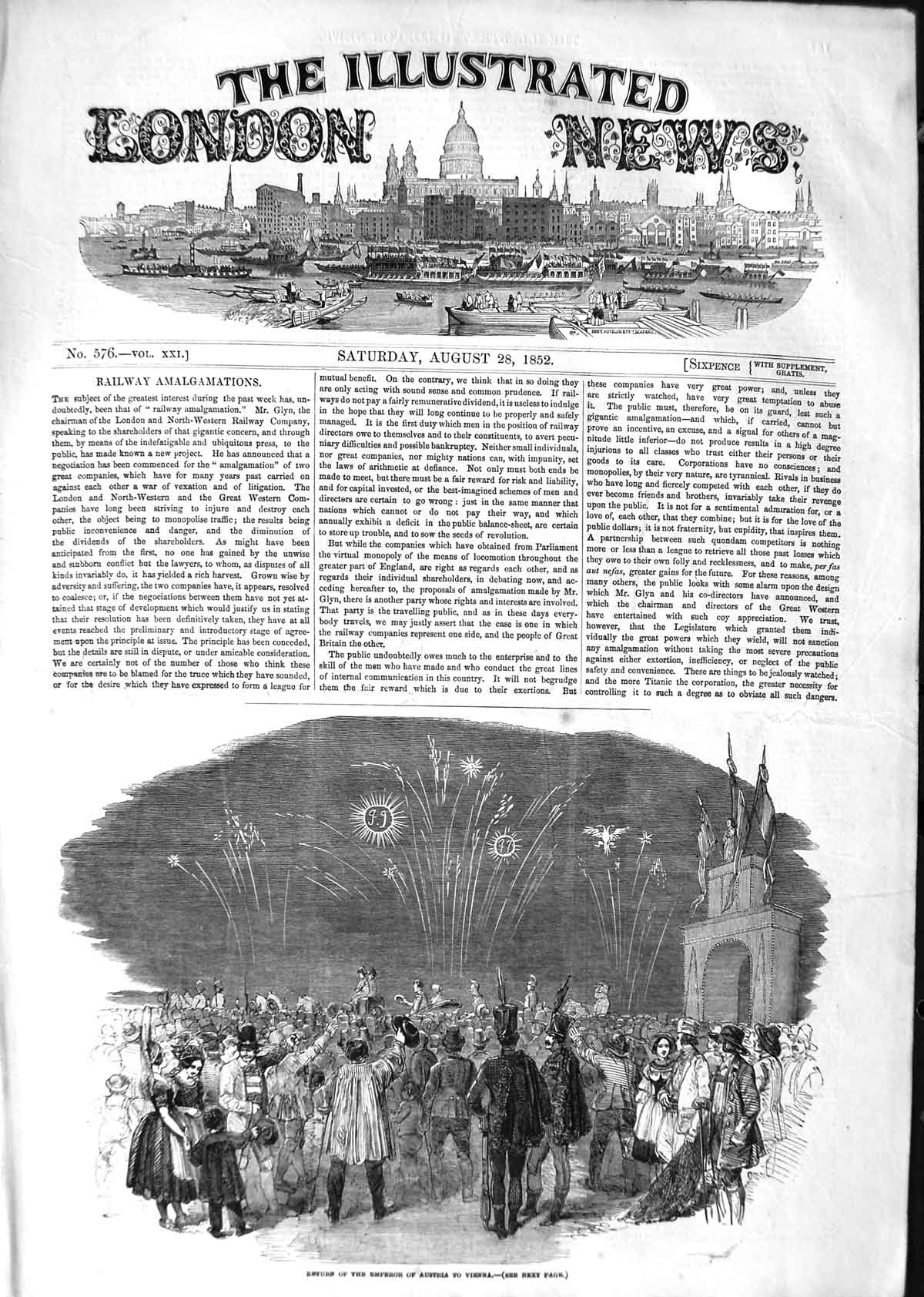 Original Old Antique Print 1852 Celebration Scene Return Emperor Austria Vienna