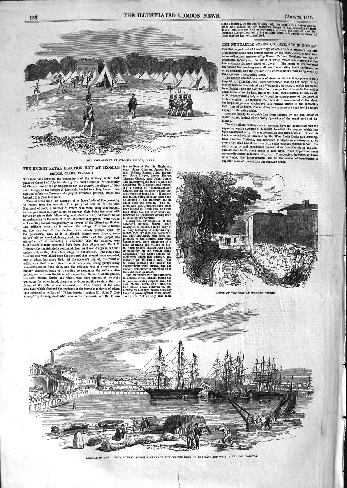 Old Antique Print 1852 John Bowes Ship Riot Six-Mile Bridge Clare Ireland 19th