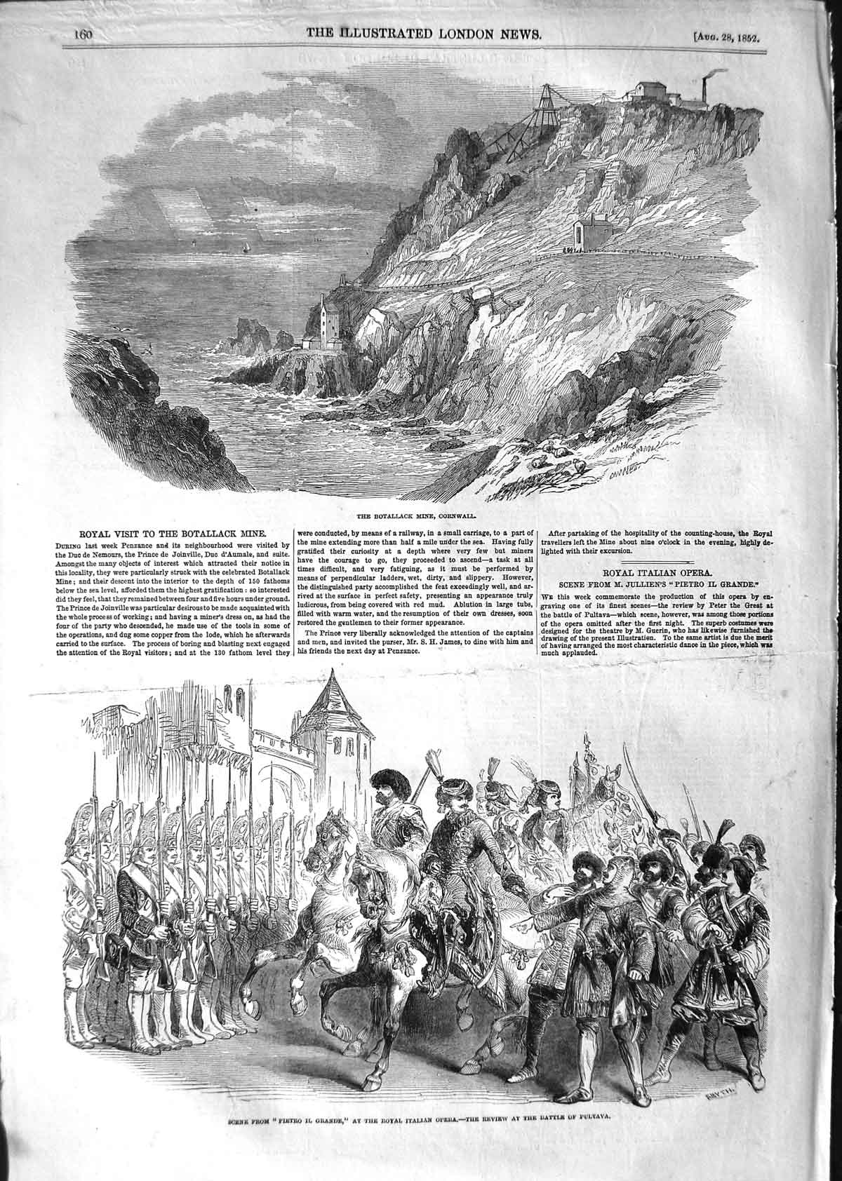 Original Old Antique Print 1852 Botallack Mine Cornwall Italian Opera Pultava