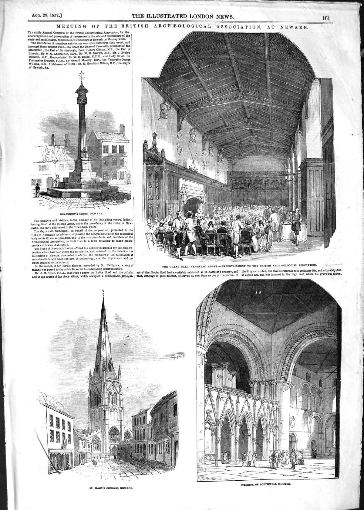 Original Old Antique Print 1852 Newstead Abbey Mary'S Church Newark Southwell