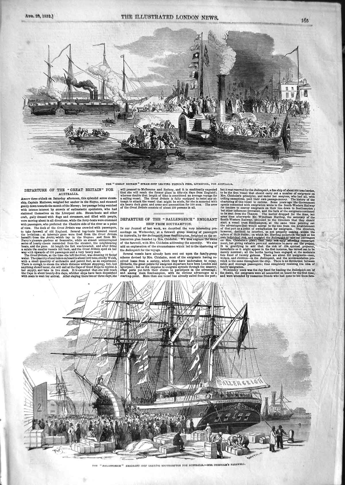 Original Old Antique Print 1852 Great Britain Steam Ship Liverpool Ballengeich
