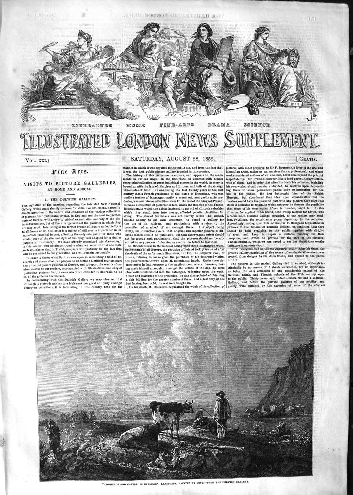 Original Old Antique Print 1852 Cowherds Cattle Evening Herdsman Mountains 19th