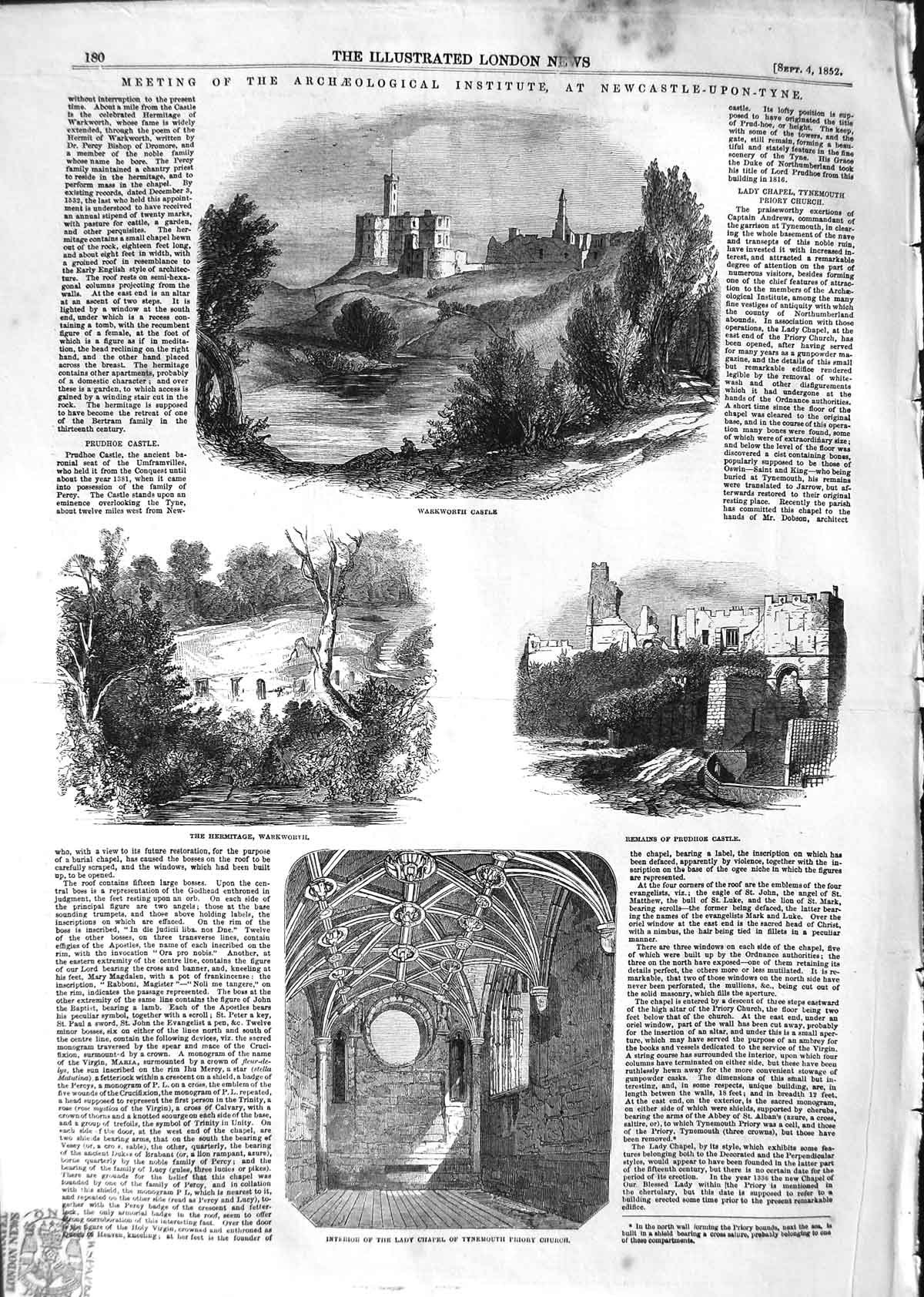 Original Old Antique Print 1852 Warkworth Castle Hermitage Prudhoe Ty Victorian